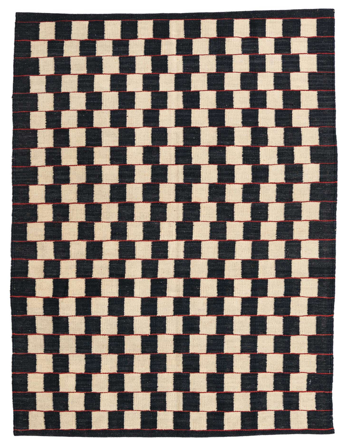 A 4x6 rectangular Kilim Modern rug with a bold black and ivory checkerboard pattern, featuring subtle red horizontal lines.
