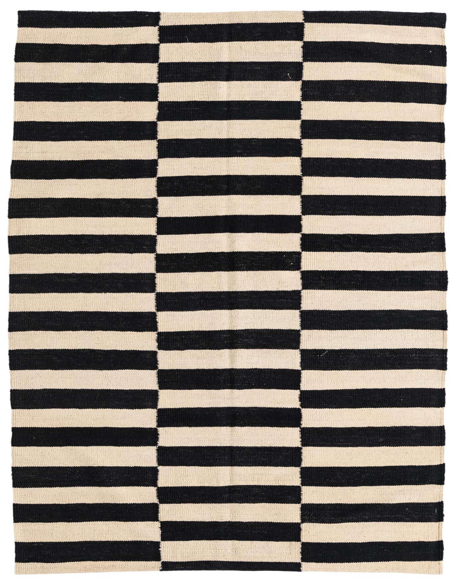 A 4x6 rectangular Kilim Modern rug with bold ivory and black horizontal stripes, perfect for a living room.