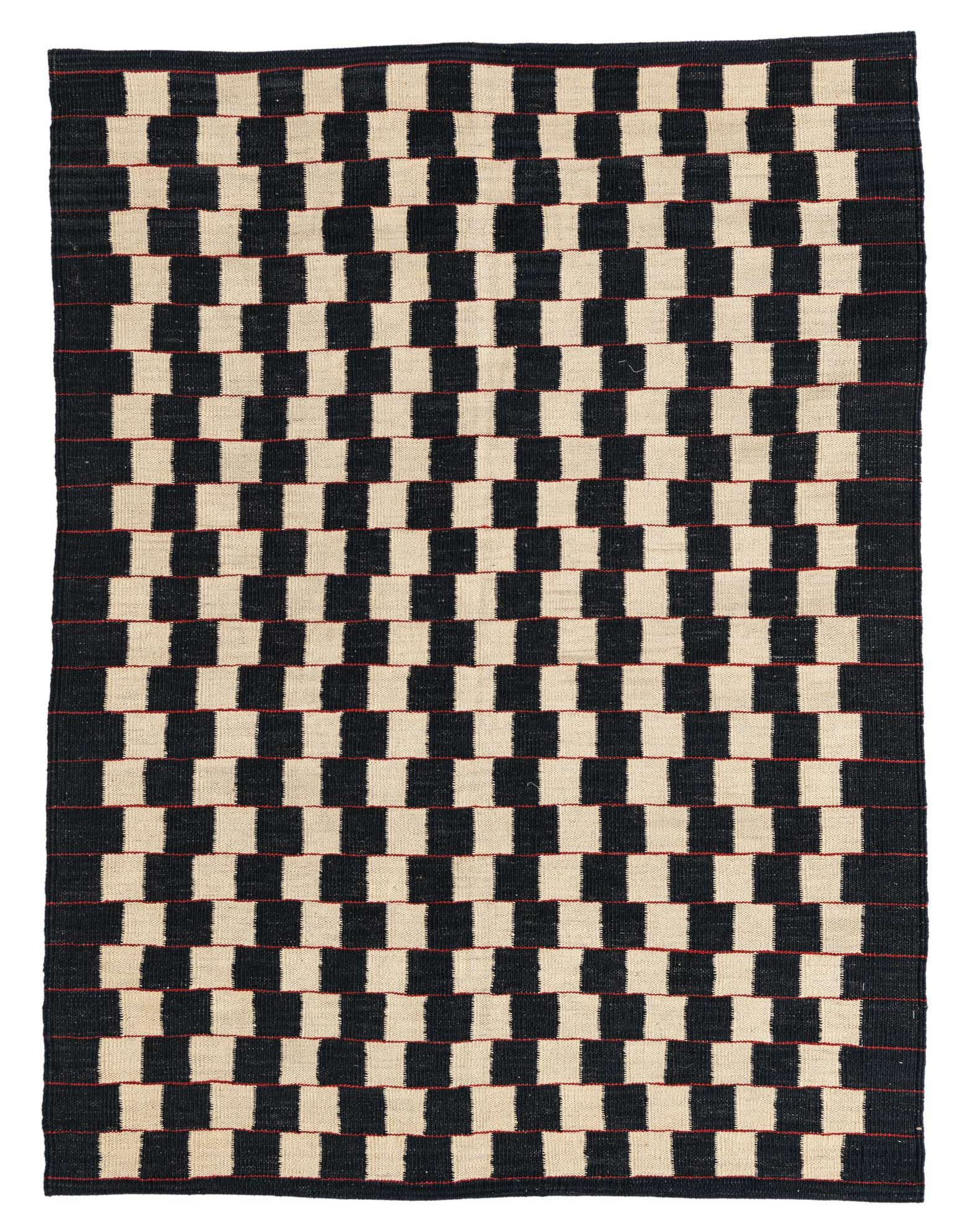 A 4x6 rectangular flatweave wool rug featuring a bold checkerboard pattern in black and ivory, with subtle red accents.