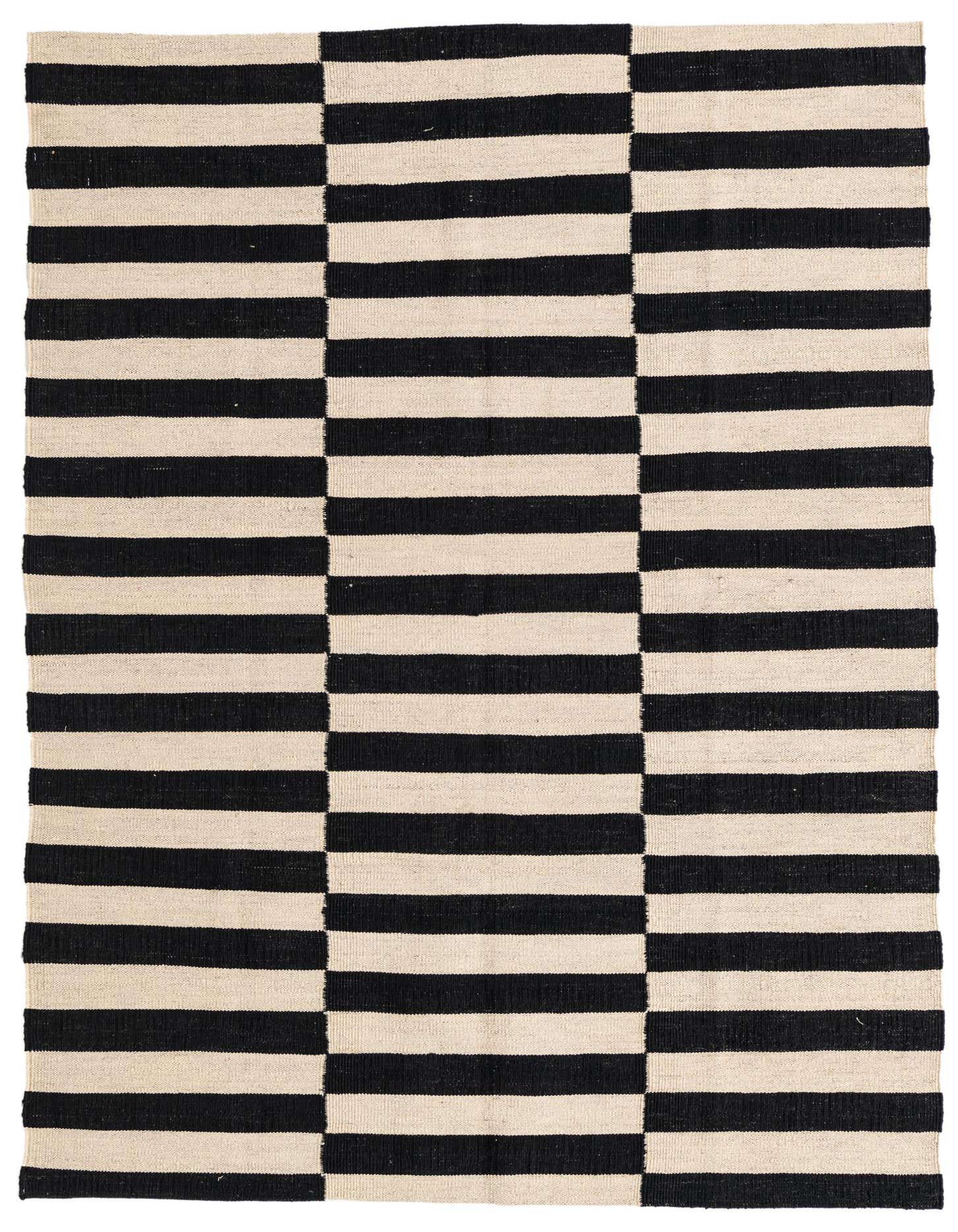 A 4x6 rectangular Kilim Modern rug with bold black and ivory horizontal stripes, arranged in three vertical blocks.