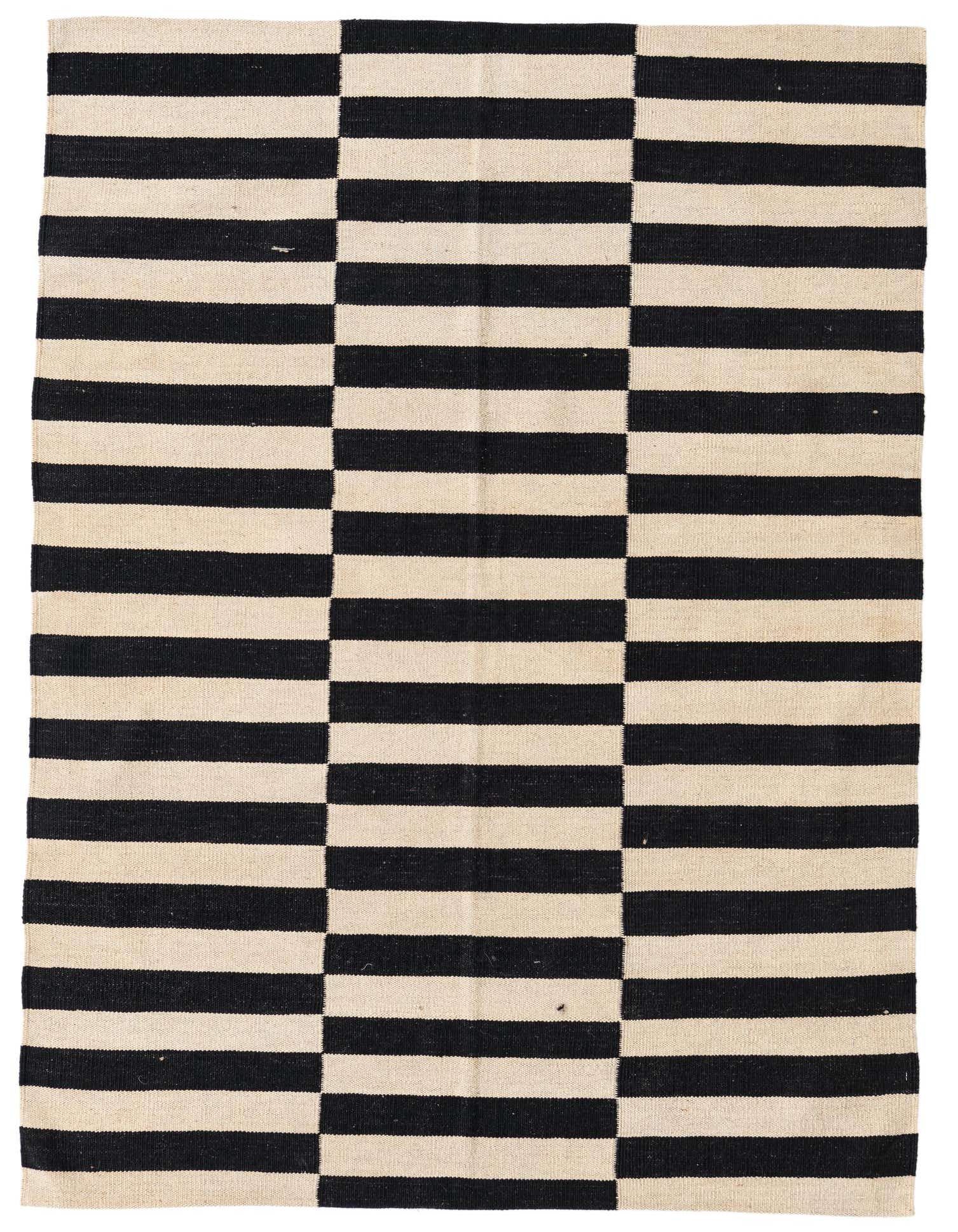 A 4x6 rectangular Kilim Modern rug with bold black and ivory horizontal stripes, arranged in a modern tribal pattern.