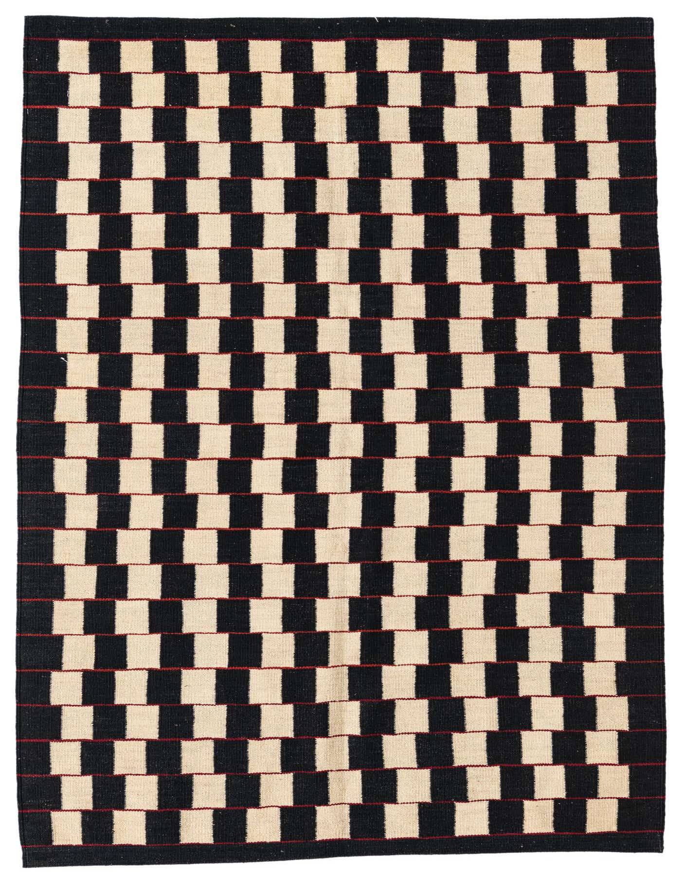 A 4x6 rectangular Kilim Modern rug with a bold black and ivory checkerboard pattern, accented by thin red lines.