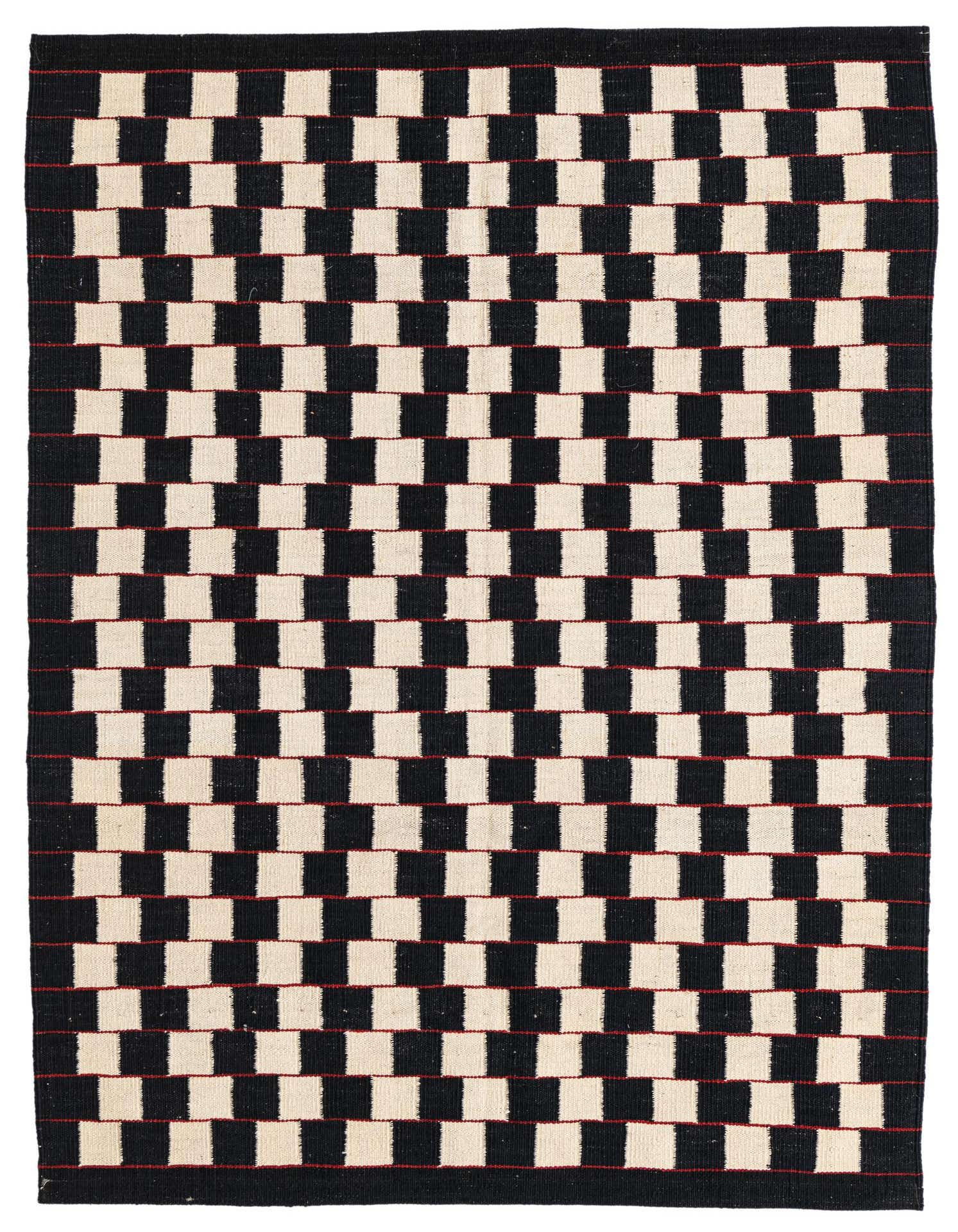 A 4x6 rectangular Kilim Modern rug with a bold black and ivory checkerboard pattern, featuring thin red lines, on a white background.