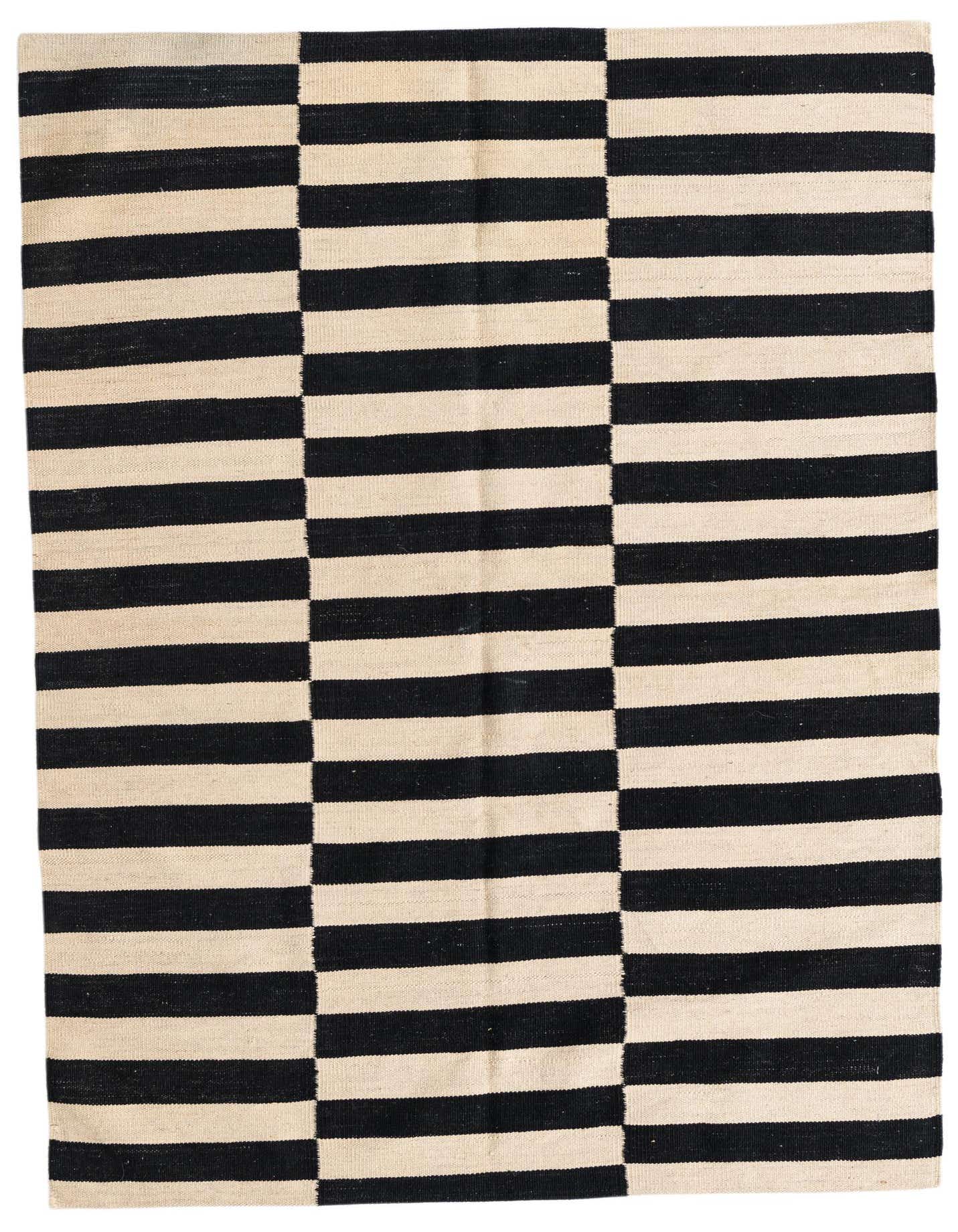 A 4x6 rectangular Kilim Modern rug with a bold black and ivory stripe pattern, perfect for a living room.
