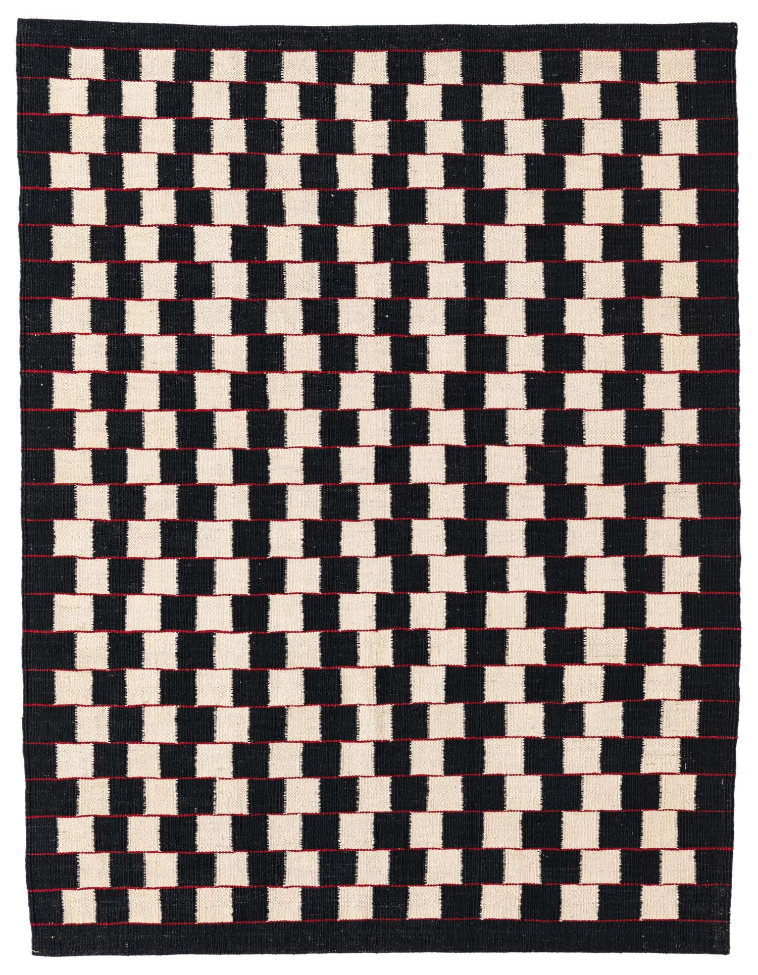 A 4x6 rectangular Kilim Modern rug with an abstract tribal pattern in ivory and black, featuring thin red horizontal lines.