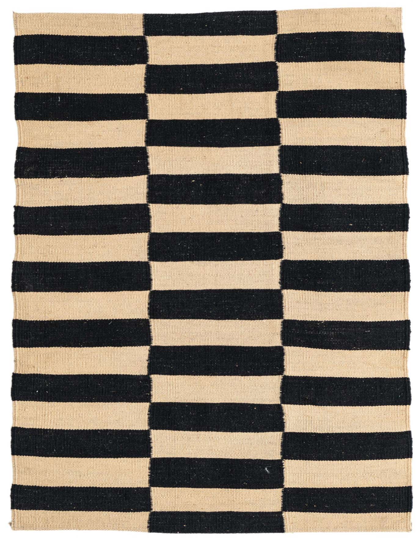 A 3x4 rectangular flatweave rug with a bold black and ivory striped pattern, perfect for a modern living space.
