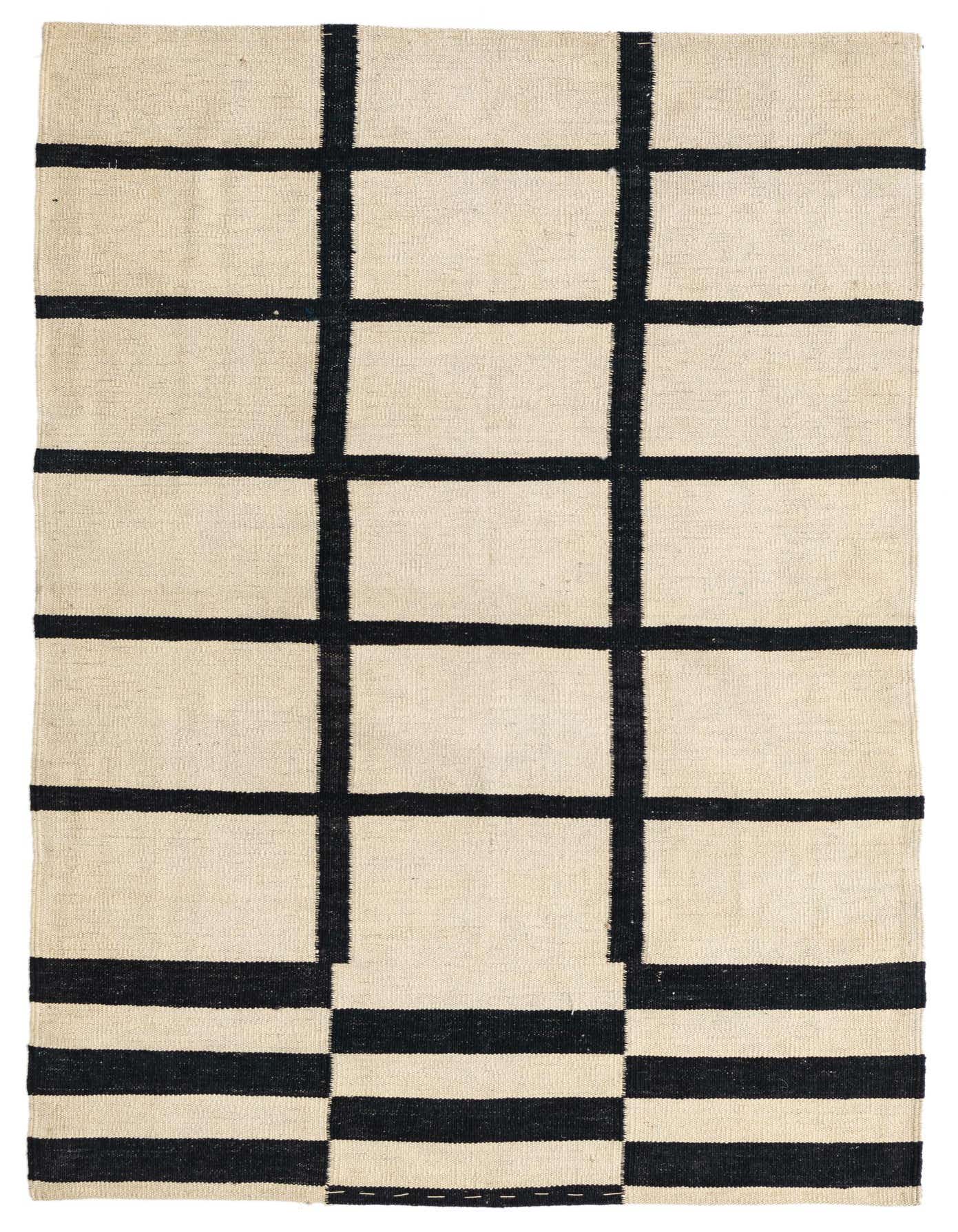 A 3x5 rectangular ivory and black flatweave wool rug with a modern tribal grid pattern and horizontal stripes.