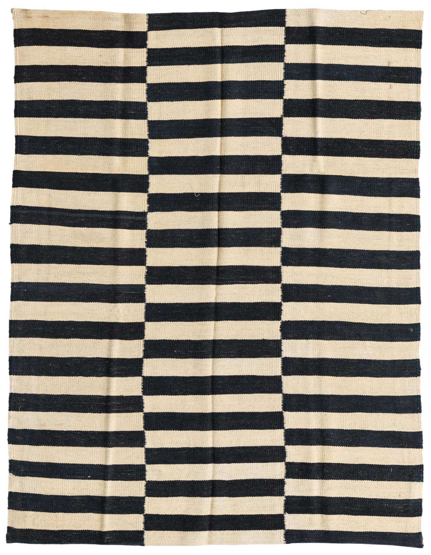 A 4x6 rectangular Kilim Modern rug with alternating horizontal stripes of ivory and black, creating a bold, modern tribal pattern.