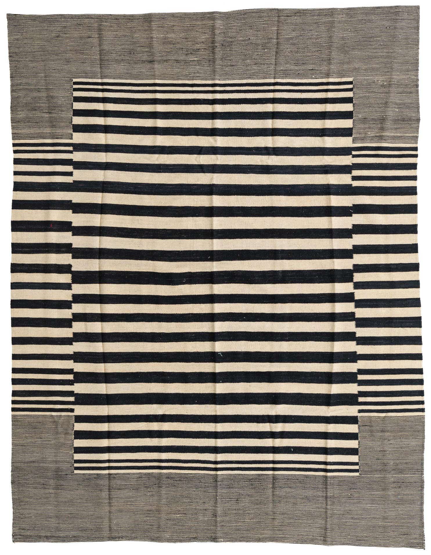 A 5x8 rectangular Kilim Modern rug with a central ivory and black striped pattern, bordered by a solid black flatweave.