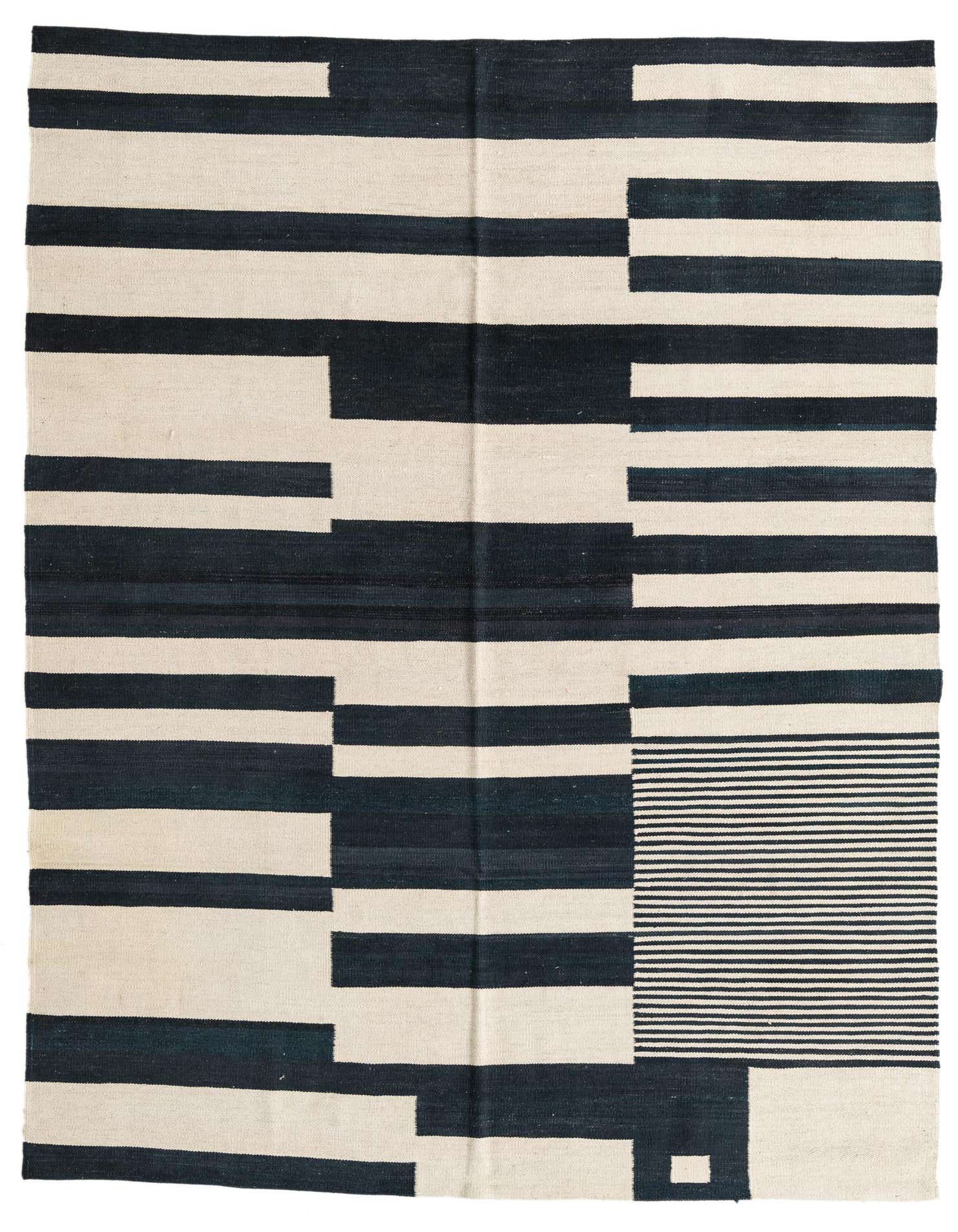 A 5x8 rectangular Kilim Modern wool rug with an abstract tribal pattern in ivory and dark blue, featuring varying stripe widths and a section of thin horizontal lines.