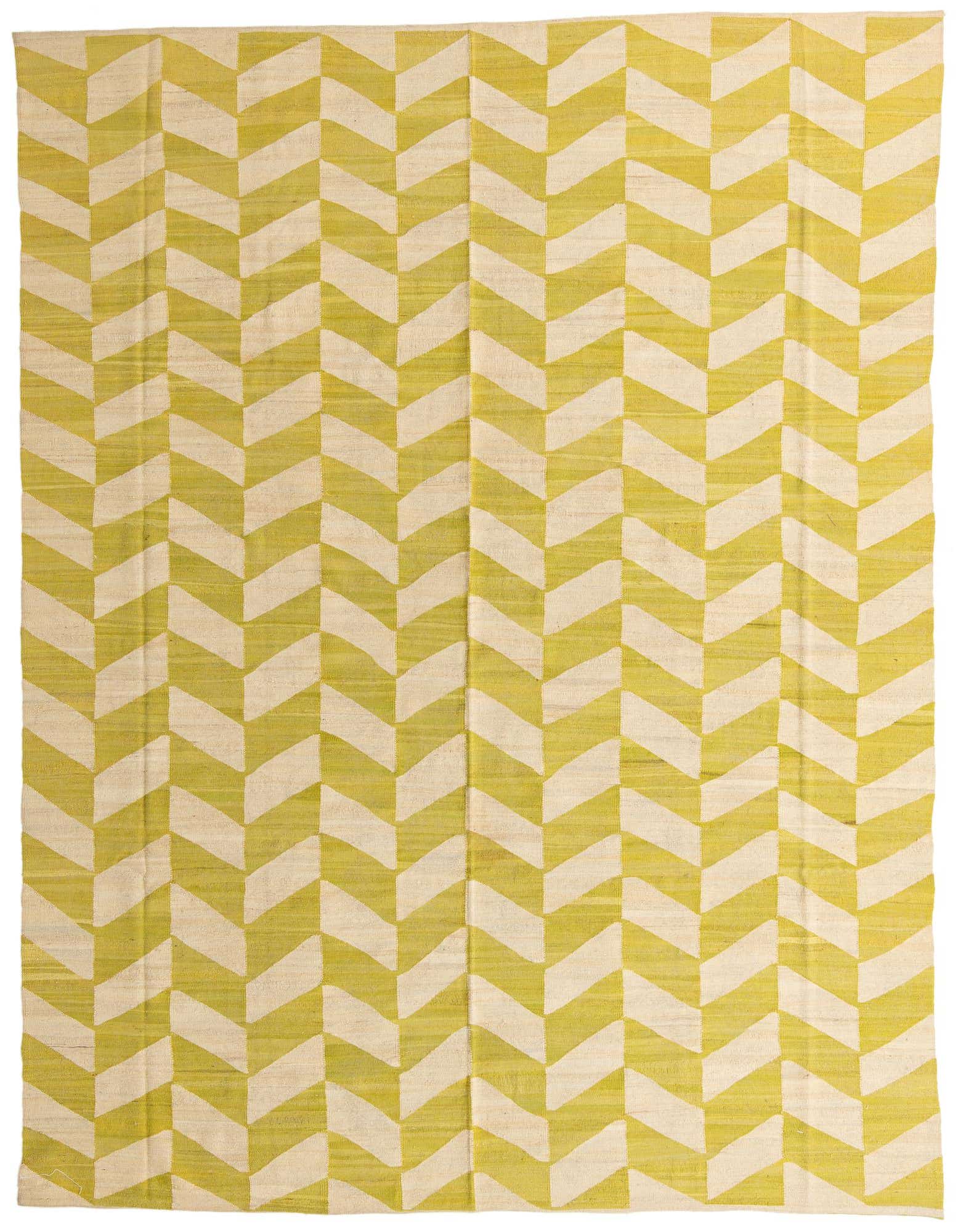 A 10x13 rectangular Kilim Modern rug with a bold ivory and lime green chevron pattern.