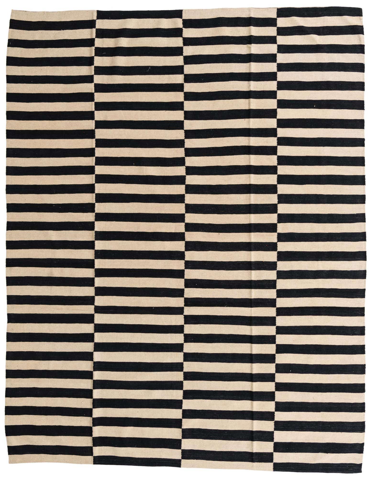 An 8x10 rectangular flatweave rug featuring alternating horizontal stripes of black and ivory, creating a modern tribal pattern.