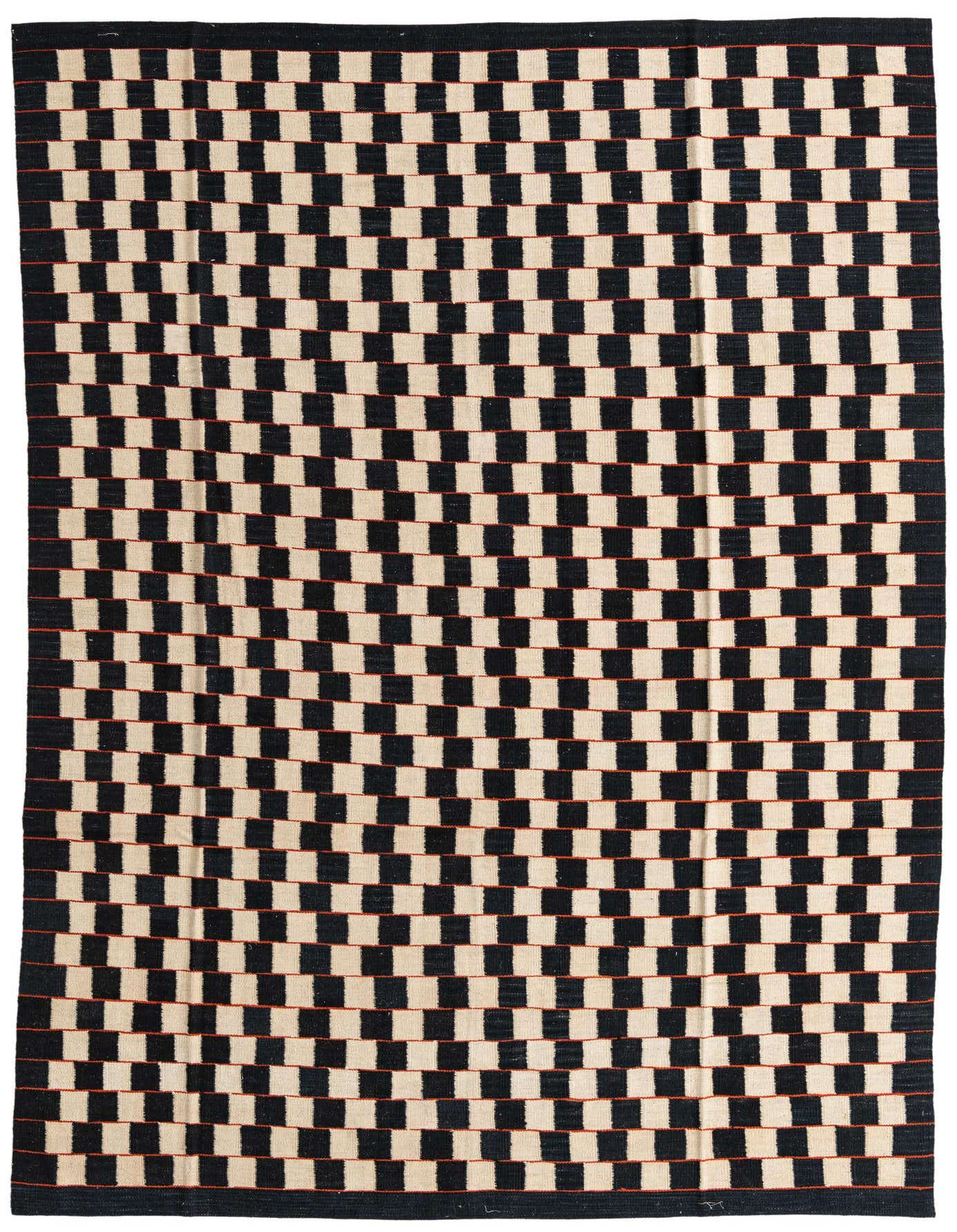 A 6x9 rectangular Kilim Modern rug with an ivory and black checkerboard pattern, accented by thin red lines, suitable for a living room.