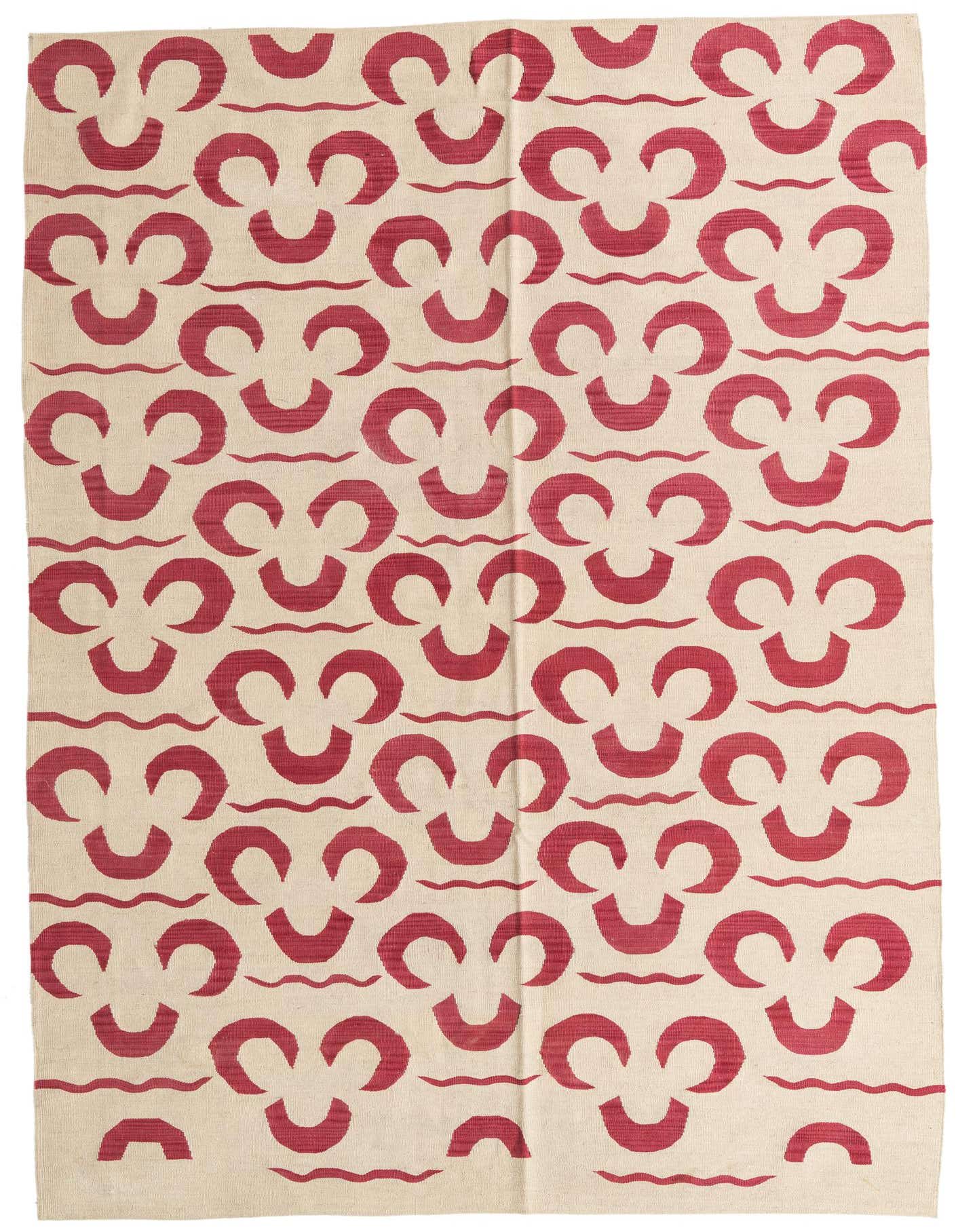 A 6x9 rectangular flatweave wool rug with a modern tribal pattern of repeating red crescent shapes and wavy lines on an ivory background.