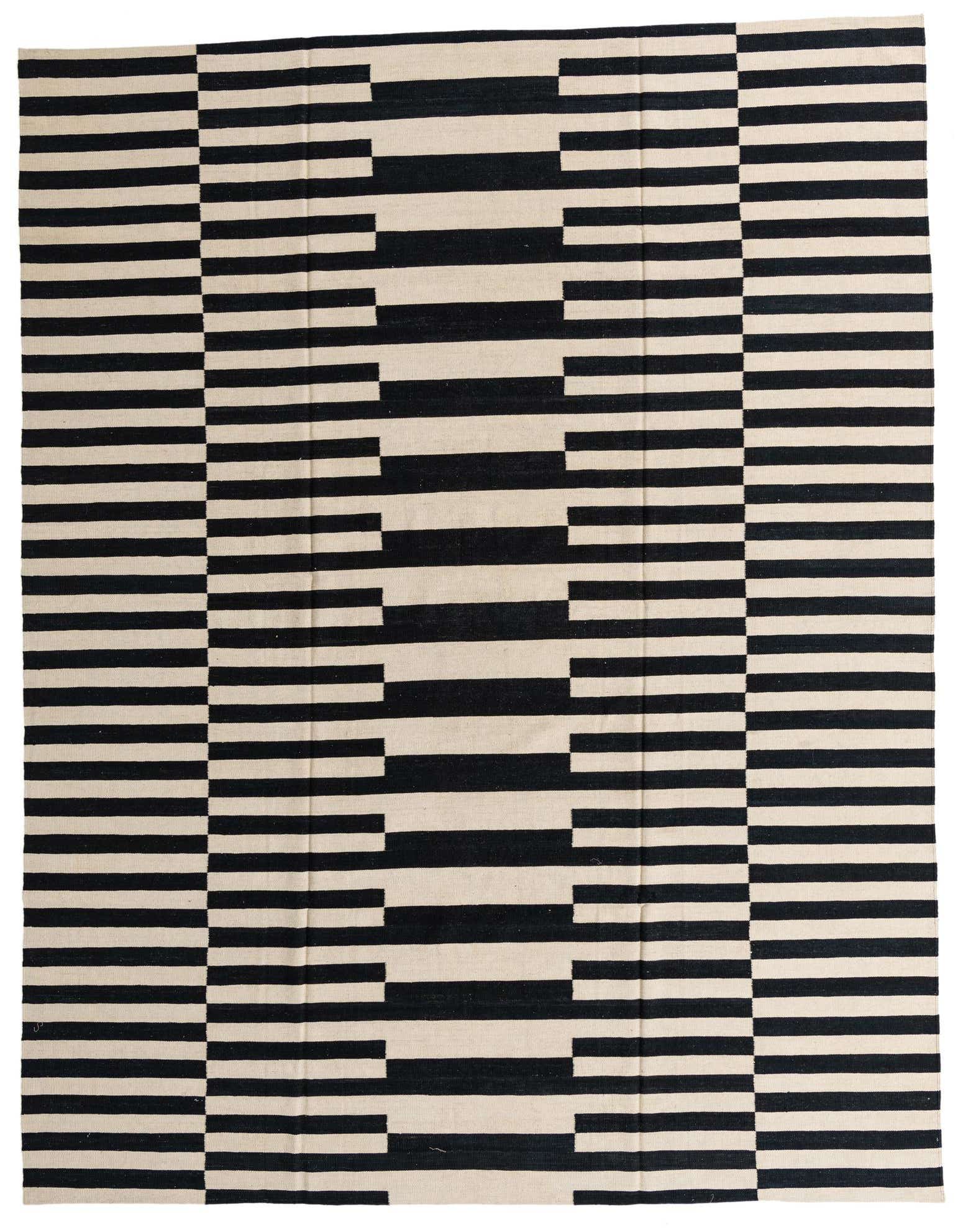 A 10x13 rectangular Kilim Modern wool rug featuring a bold black and ivory tribal geometric pattern.