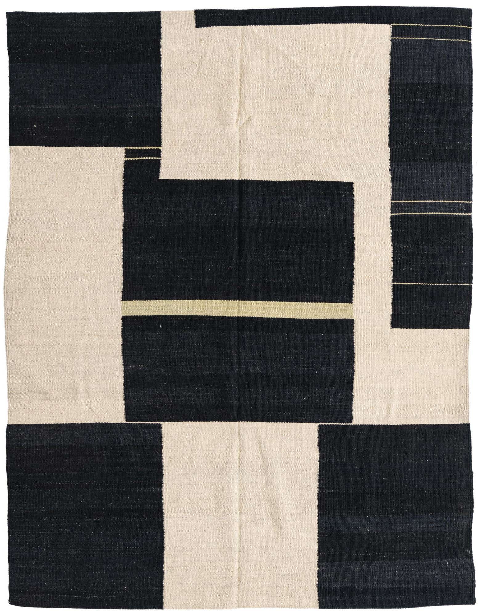 A 5x8 rectangular Kilim Modern rug with a bold abstract pattern of black and ivory blocks, featuring thin gold accent lines.