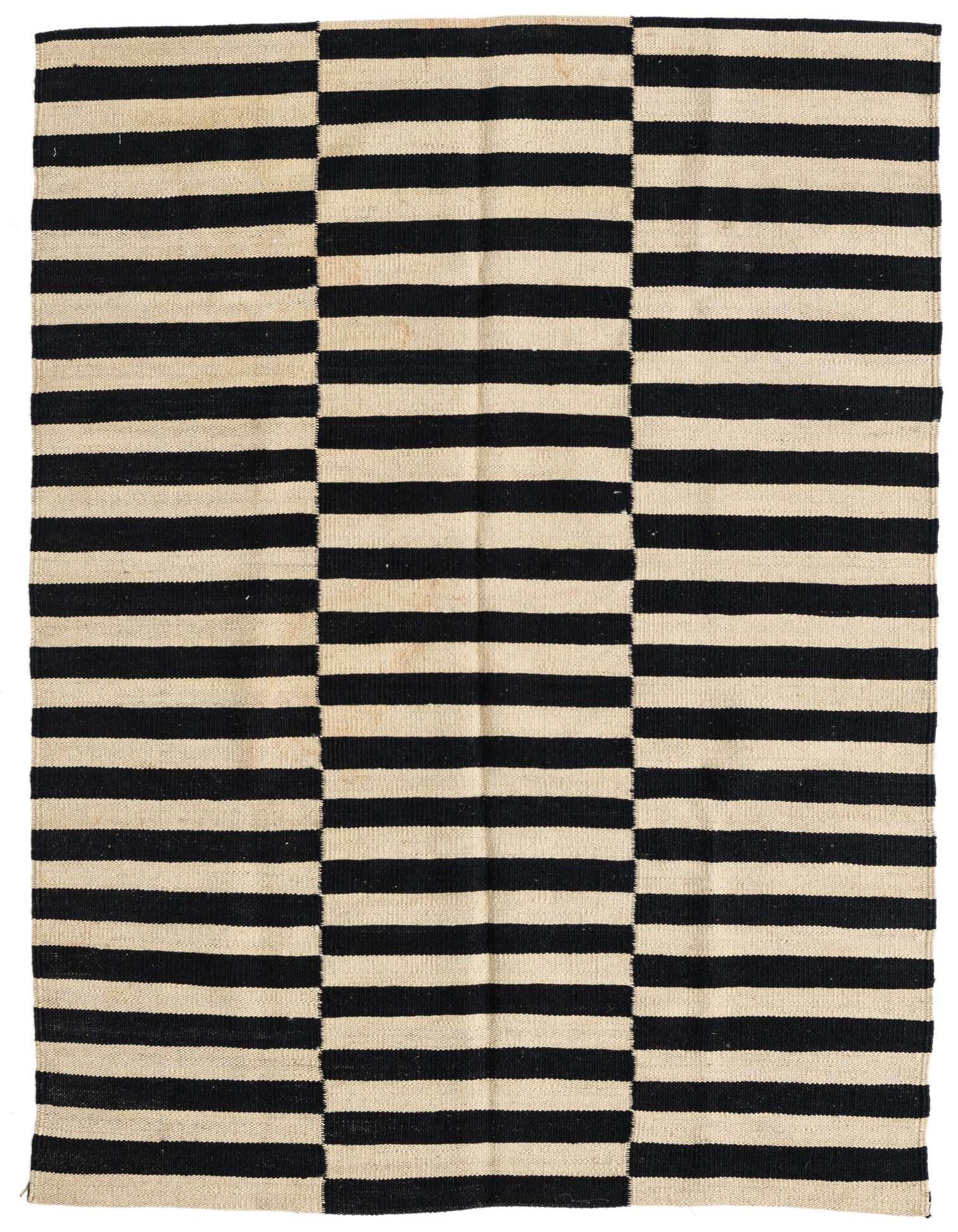 A 3x5 rectangular flatweave wool rug with alternating horizontal stripes of black and cream, creating a modern tribal pattern.