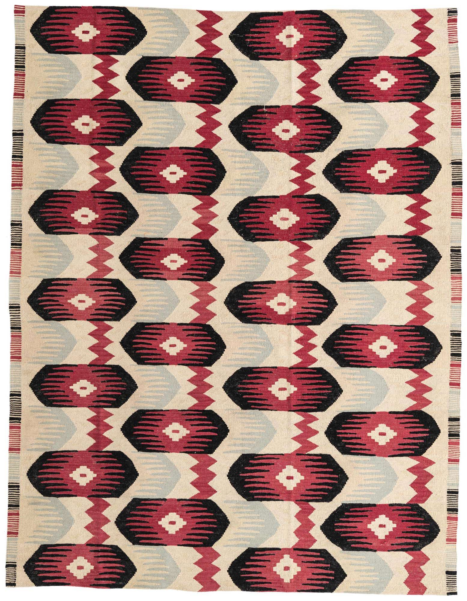 A 6x9 rectangular Kilim Modern wool rug featuring a tribal pattern in ivory, red, and black.