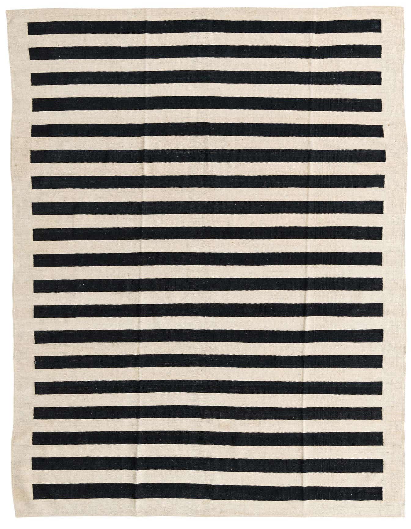 A 6x9 rectangular Kilim Modern rug with horizontal black and ivory stripes, suitable for a living room.