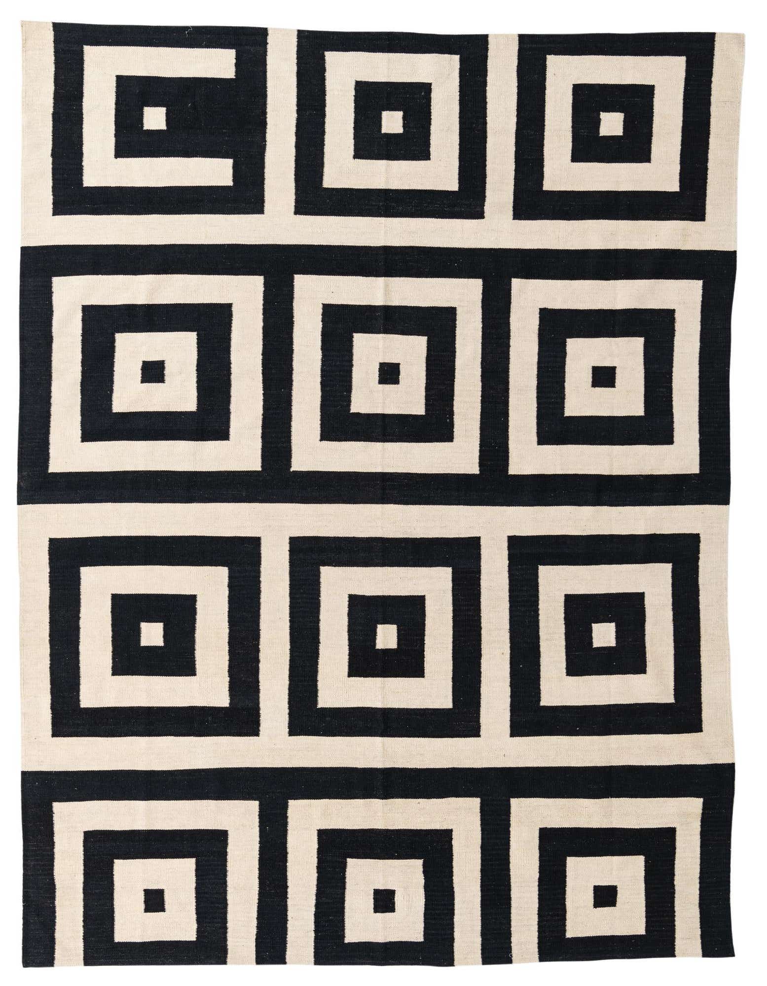 An 8x10 rectangular flatweave rug featuring a bold geometric pattern of concentric black squares on an ivory background.