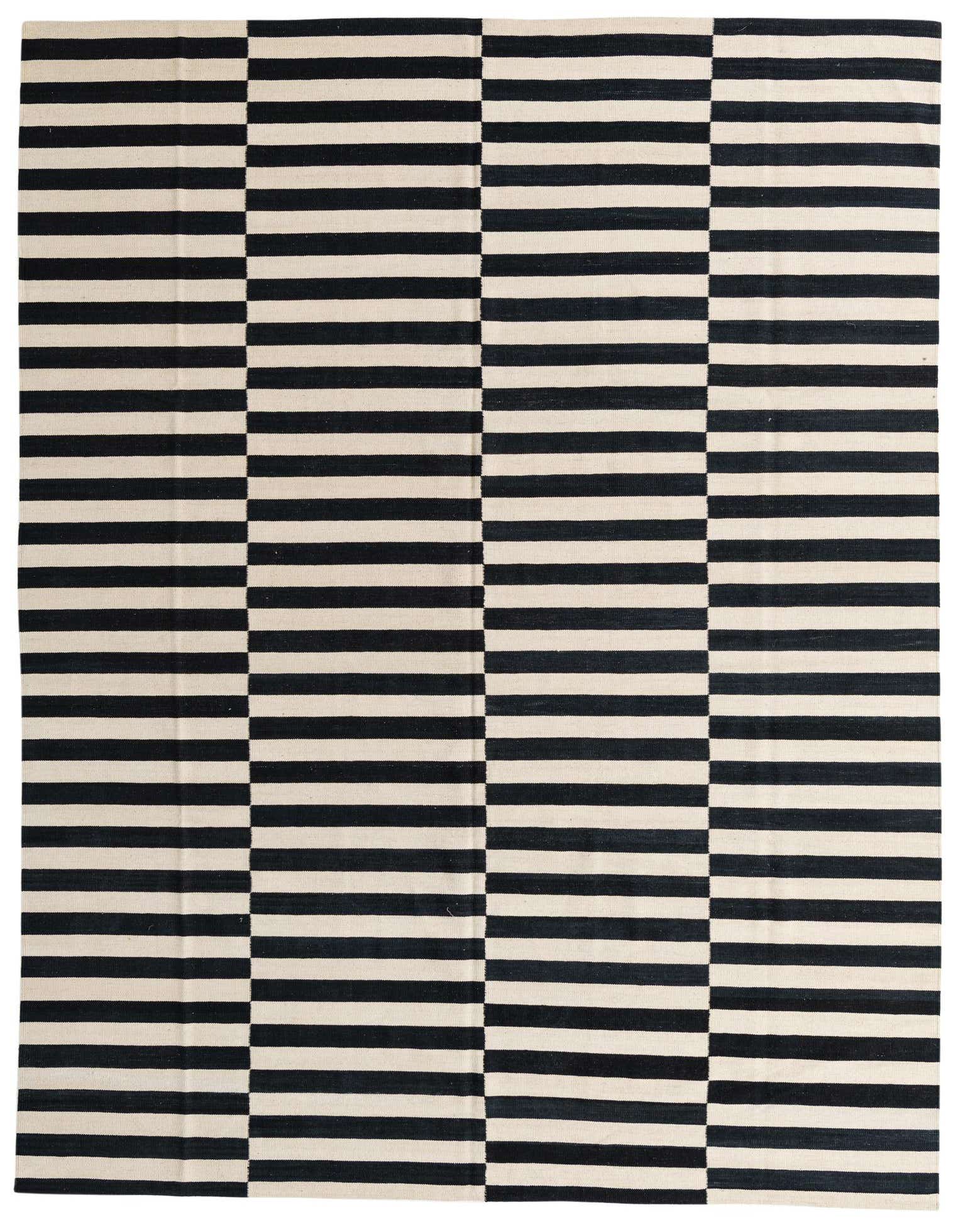 A large 8x11 rectangular Kilim Modern rug with a bold black and ivory striped pattern, suitable for a living room.