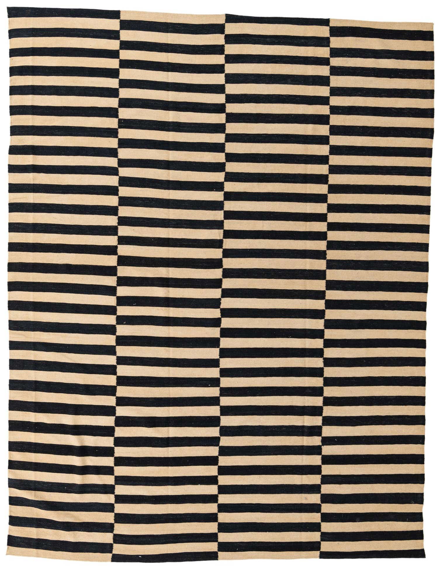 An 8x11 rectangular Kilim Modern rug featuring bold horizontal black and ivory stripes in a staggered, block pattern.