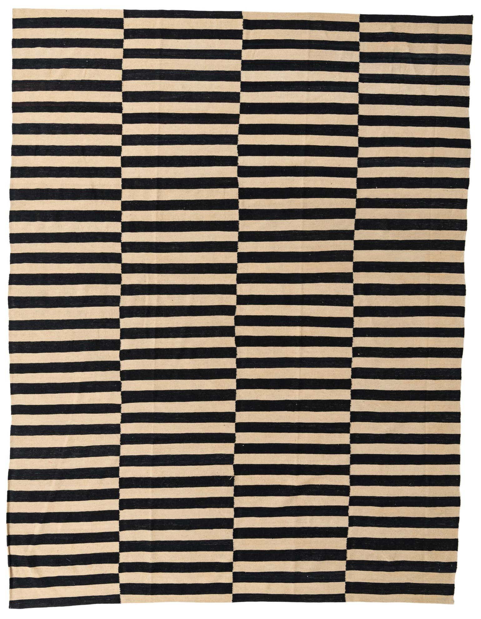 An 8x11 rectangular ivory and black striped flatweave rug with a modern tribal pattern, suitable for a living room.