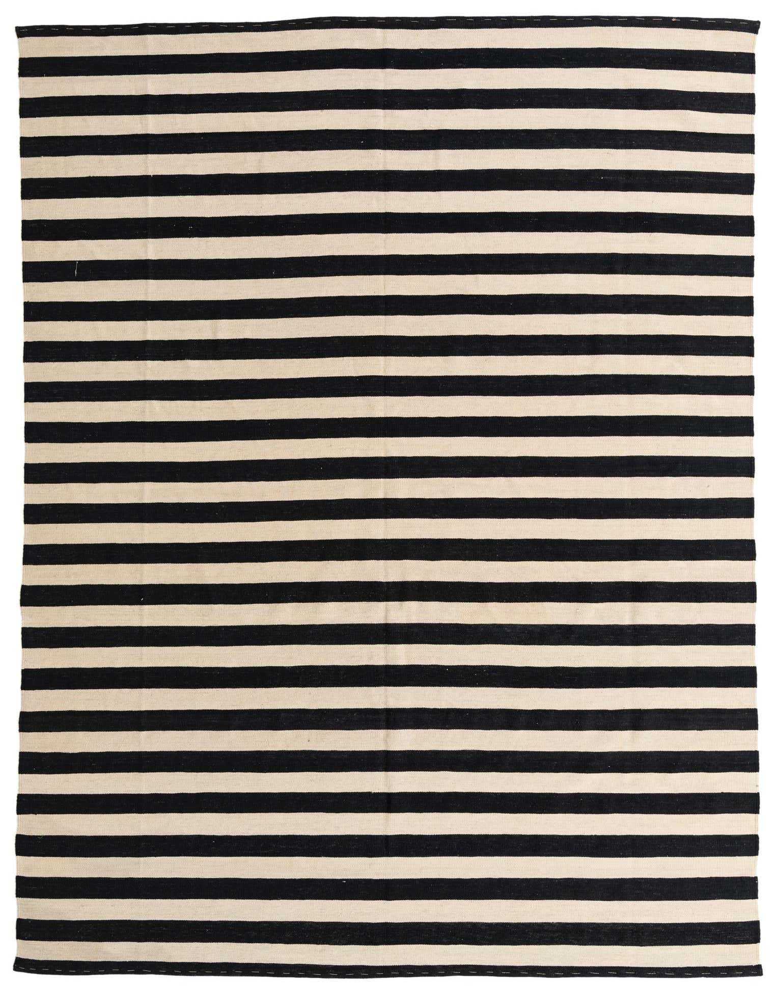 A rectangular 8x11 Kilim Modern rug featuring bold horizontal black and ivory stripes, suitable for a living room.