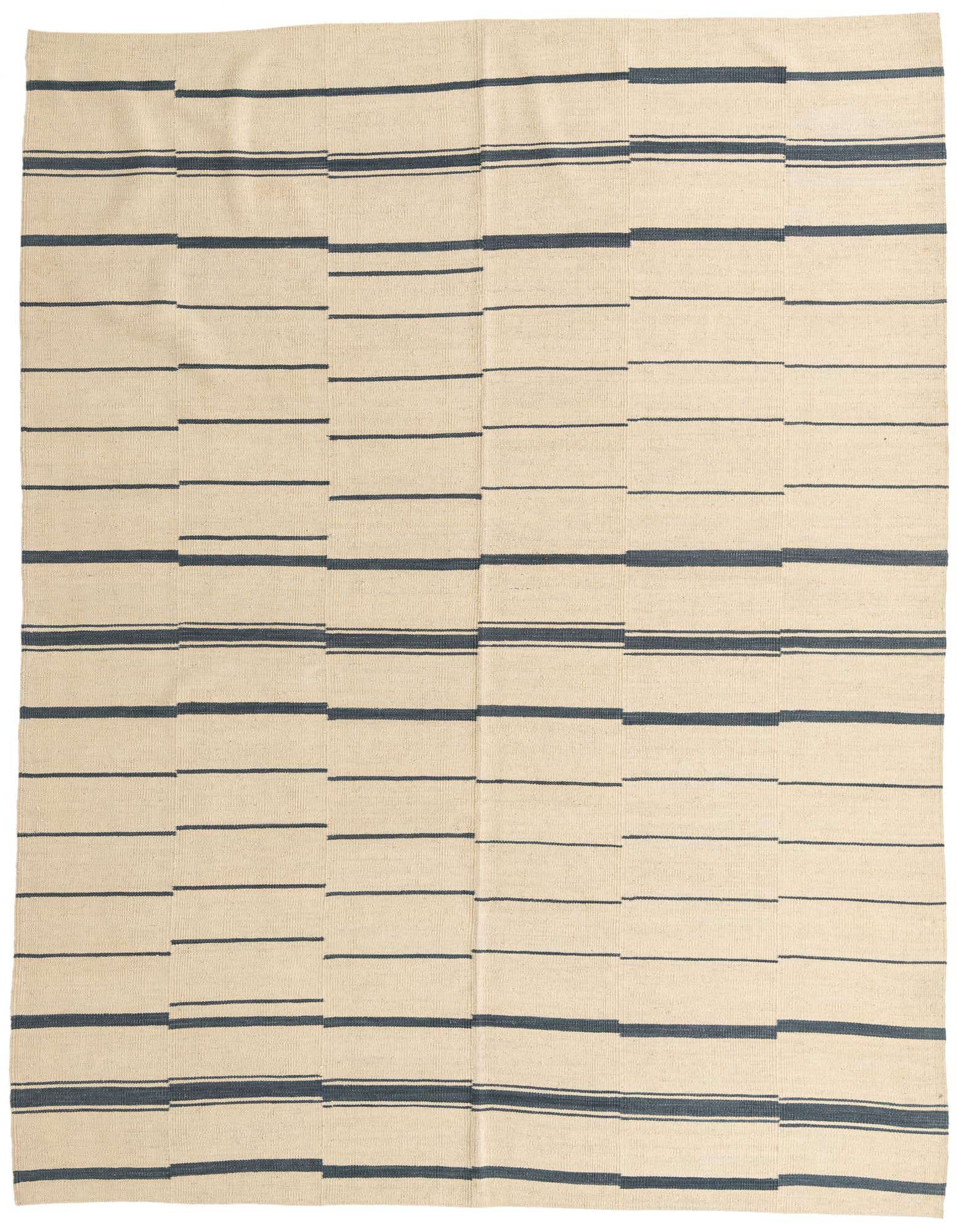 A 7x10 rectangular ivory flatweave rug with a modern tribal pattern of horizontal navy blue stripes.