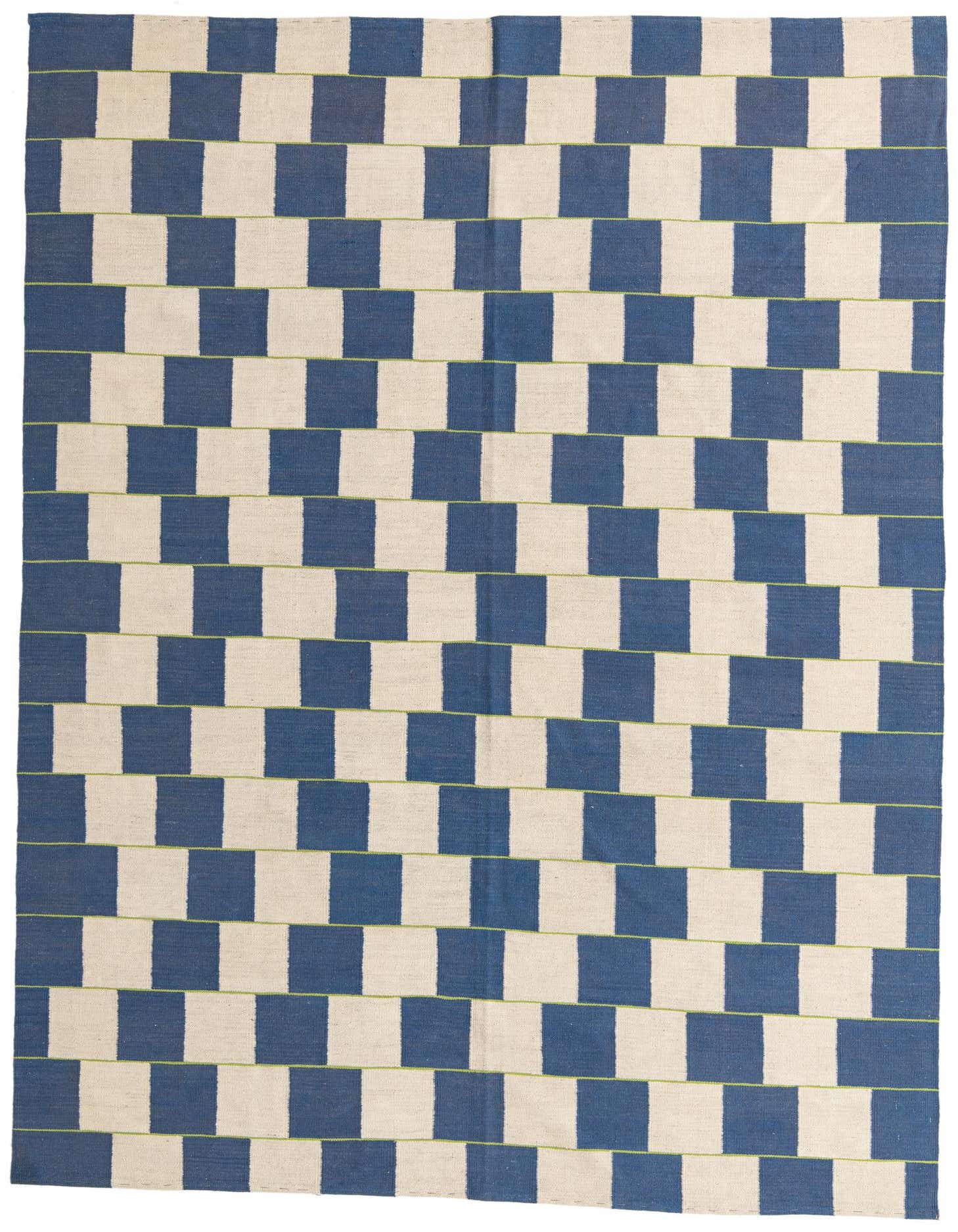A 7x10 rectangular flatweave rug featuring a bold geometric pattern of alternating ivory and deep blue blocks, with thin lime green lines separating the rows.