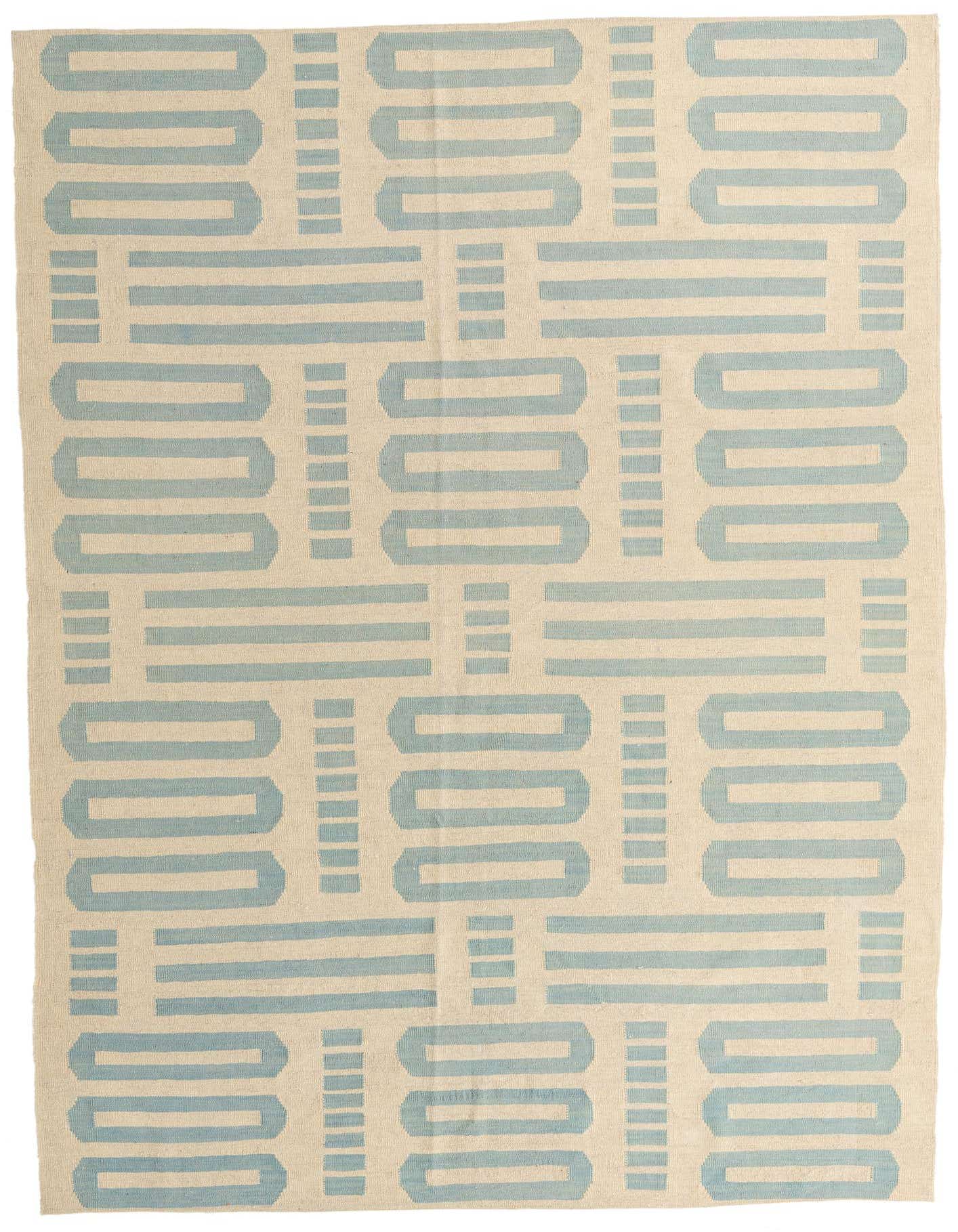 A 6x9 rectangular ivory and light blue flatweave rug with a modern tribal geometric pattern of interlocking shapes.