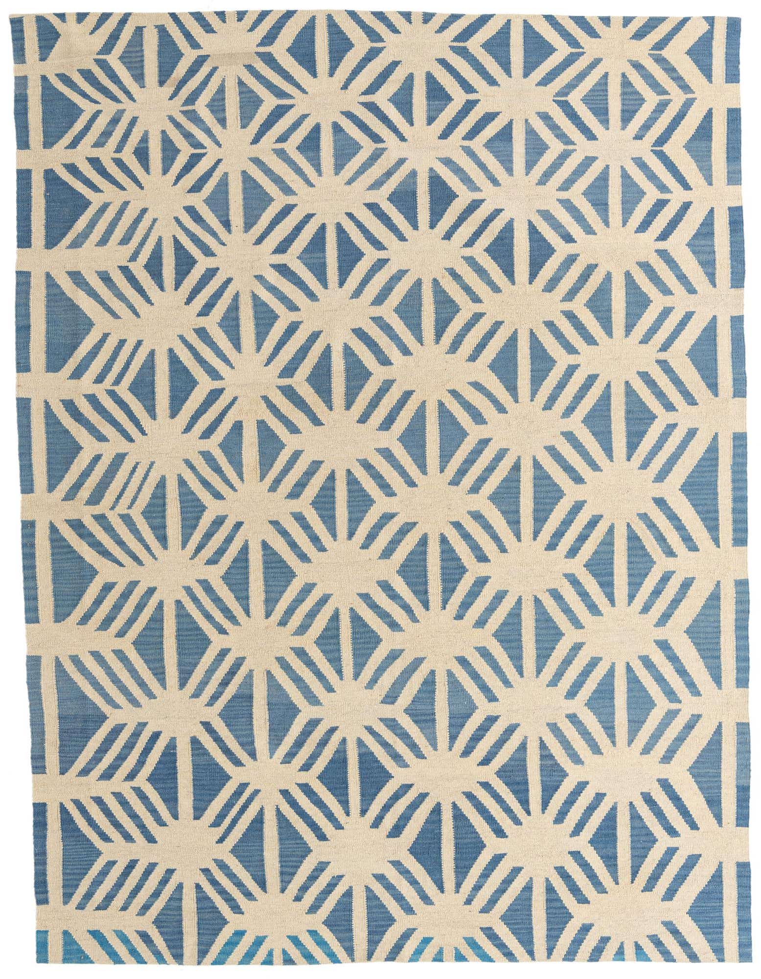 A 7x10 rectangular flatweave rug with a modern tribal pattern in ivory and blue, suitable for a living room.