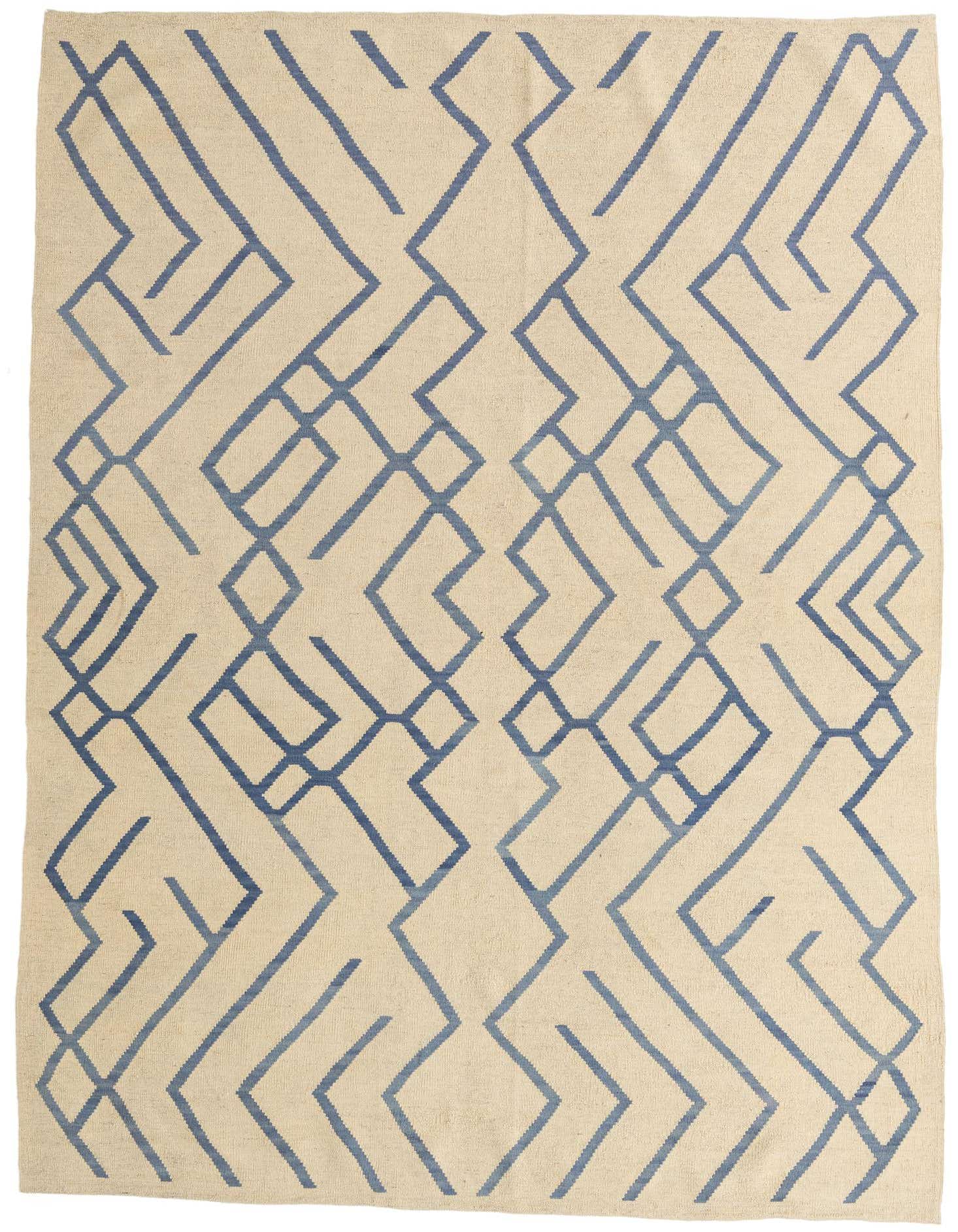 A 6x9 rectangular ivory flatweave wool rug with a modern tribal abstract pattern in blue, suitable for a living room.
