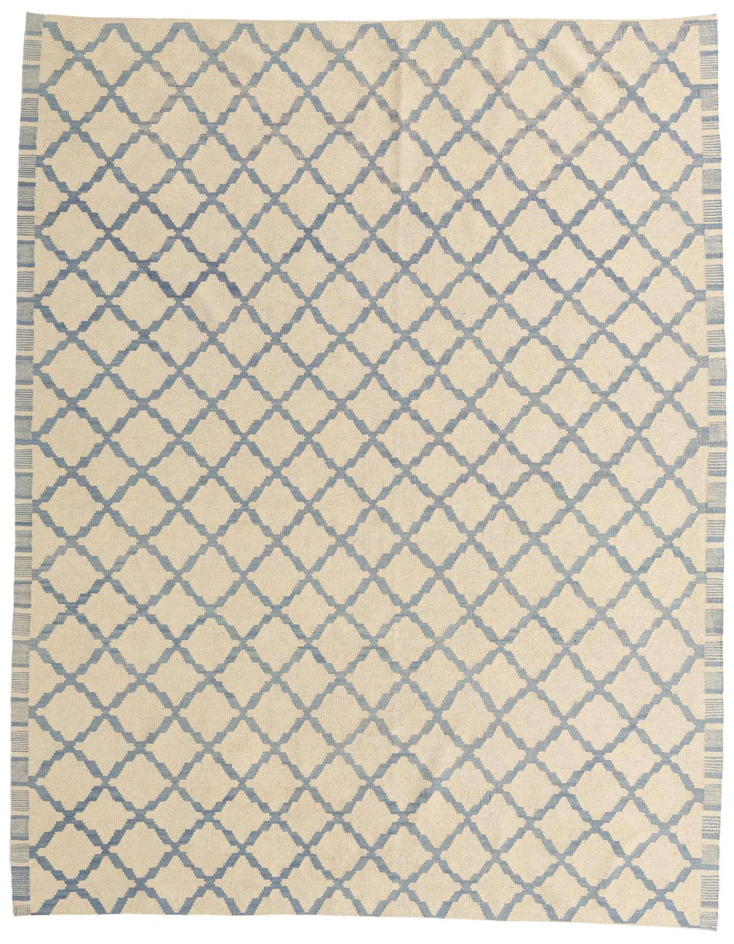 A 6x9 rectangular ivory flatweave rug with a repeating blue tribal diamond pattern and striped border.