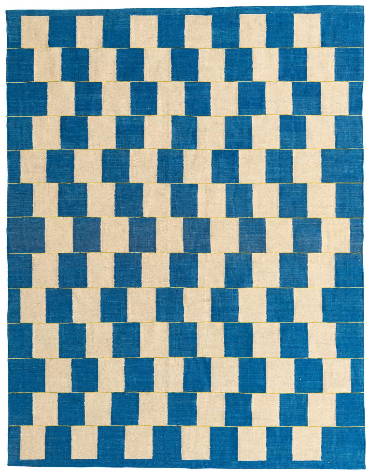 A 6x9 rectangular flatweave rug with a bold, modern geometric pattern of alternating ivory and blue blocks, suitable for a living room.