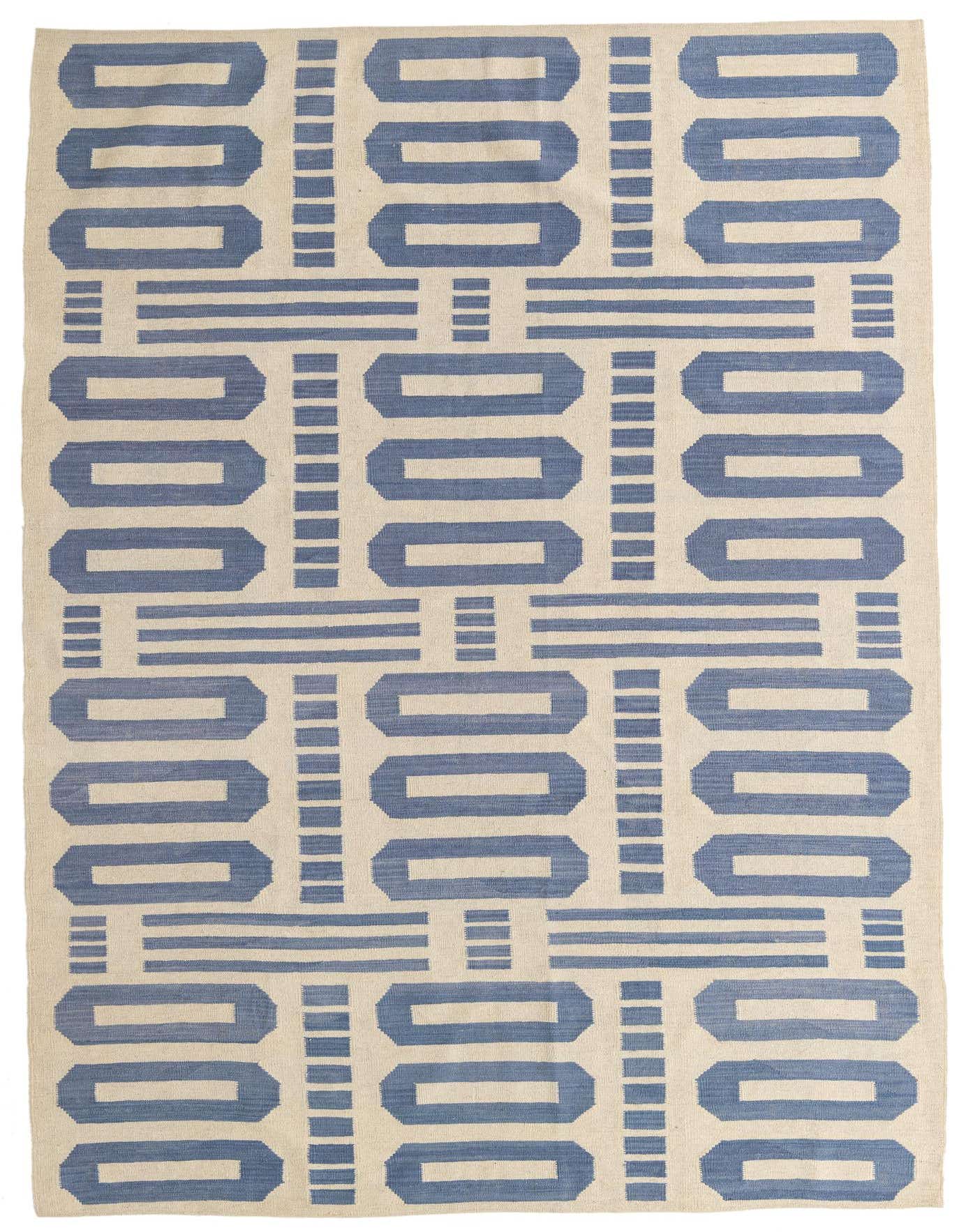 A 6x9 rectangular flatweave rug featuring a modern tribal pattern of blue geometric shapes and lines on an ivory background.