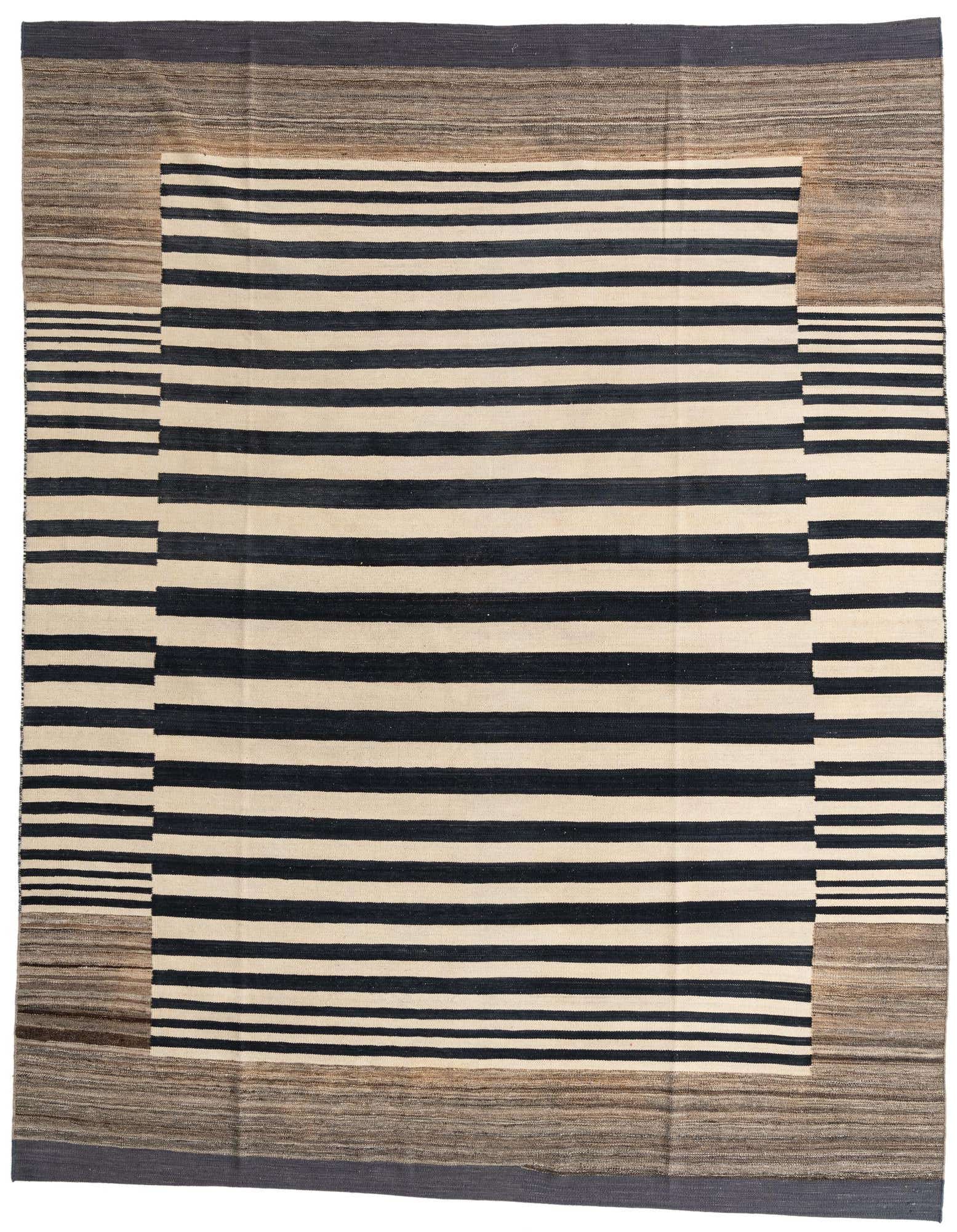 An 8x10 rectangular Kilim Modern rug with a central ivory and black striped pattern framed by a wide border of earthy brown and gray stripes.