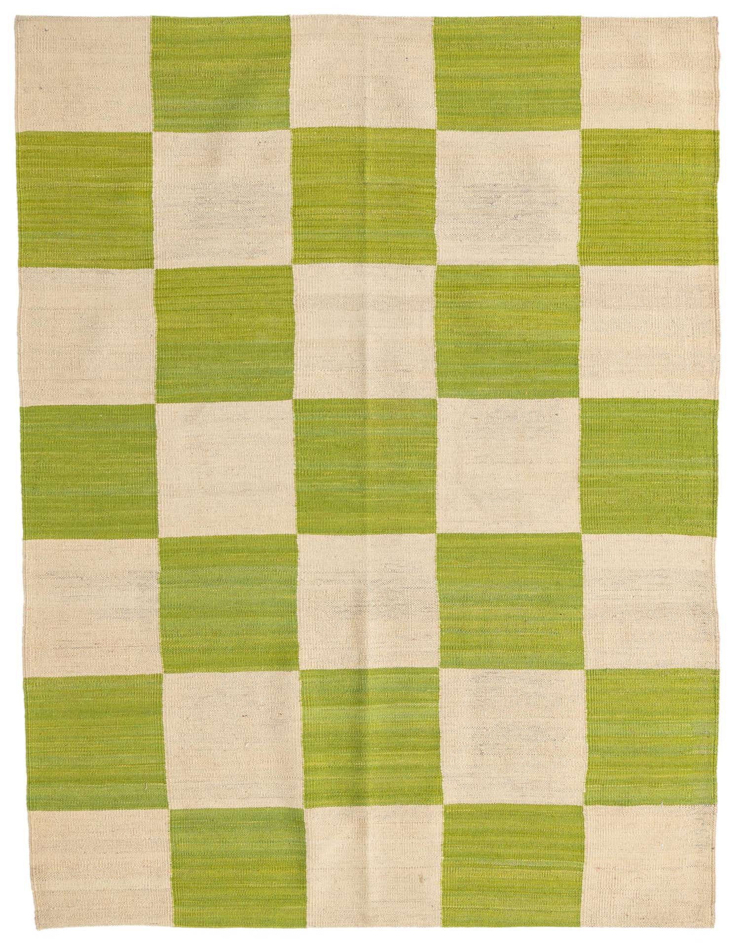 A 4x6 rectangular Kilim Modern rug with a bold checkerboard pattern in ivory and lime green, suitable for a living room.