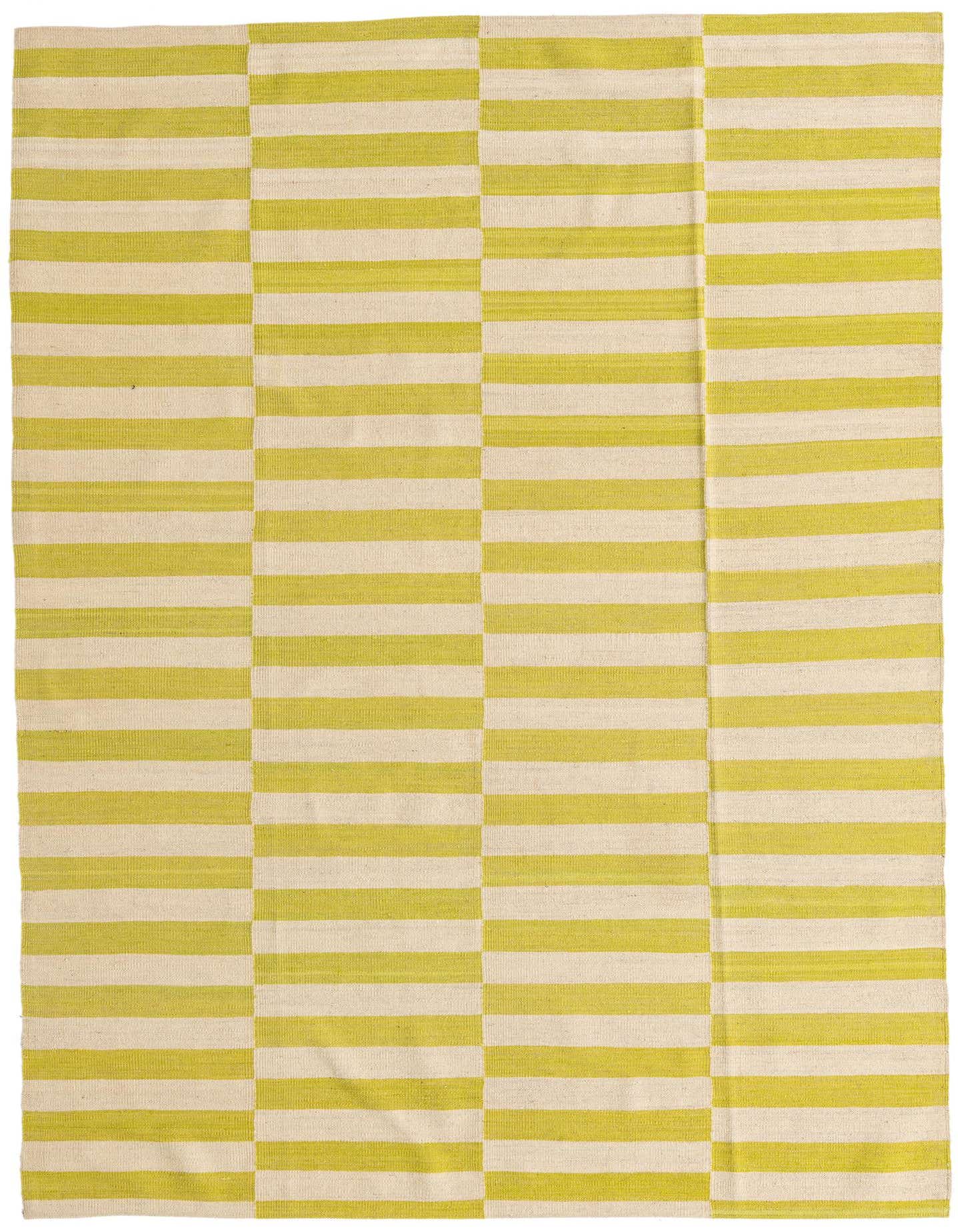 A 5x8 rectangular Kilim Modern rug in ivory and lime green, featuring a bold striped and block pattern.