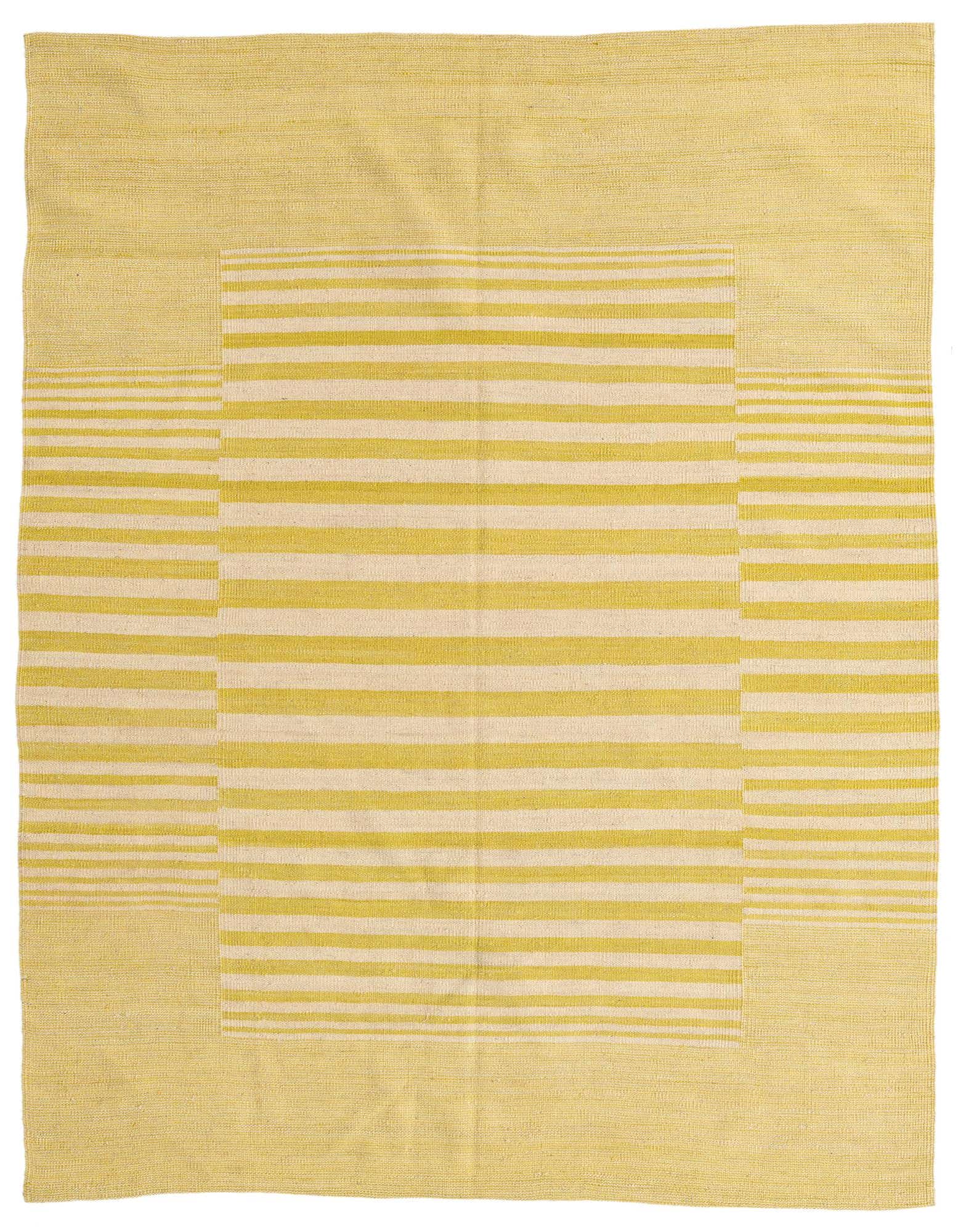 A 5x8 rectangular flatweave rug with a modern tribal pattern in ivory and yellow, suitable for a living room.