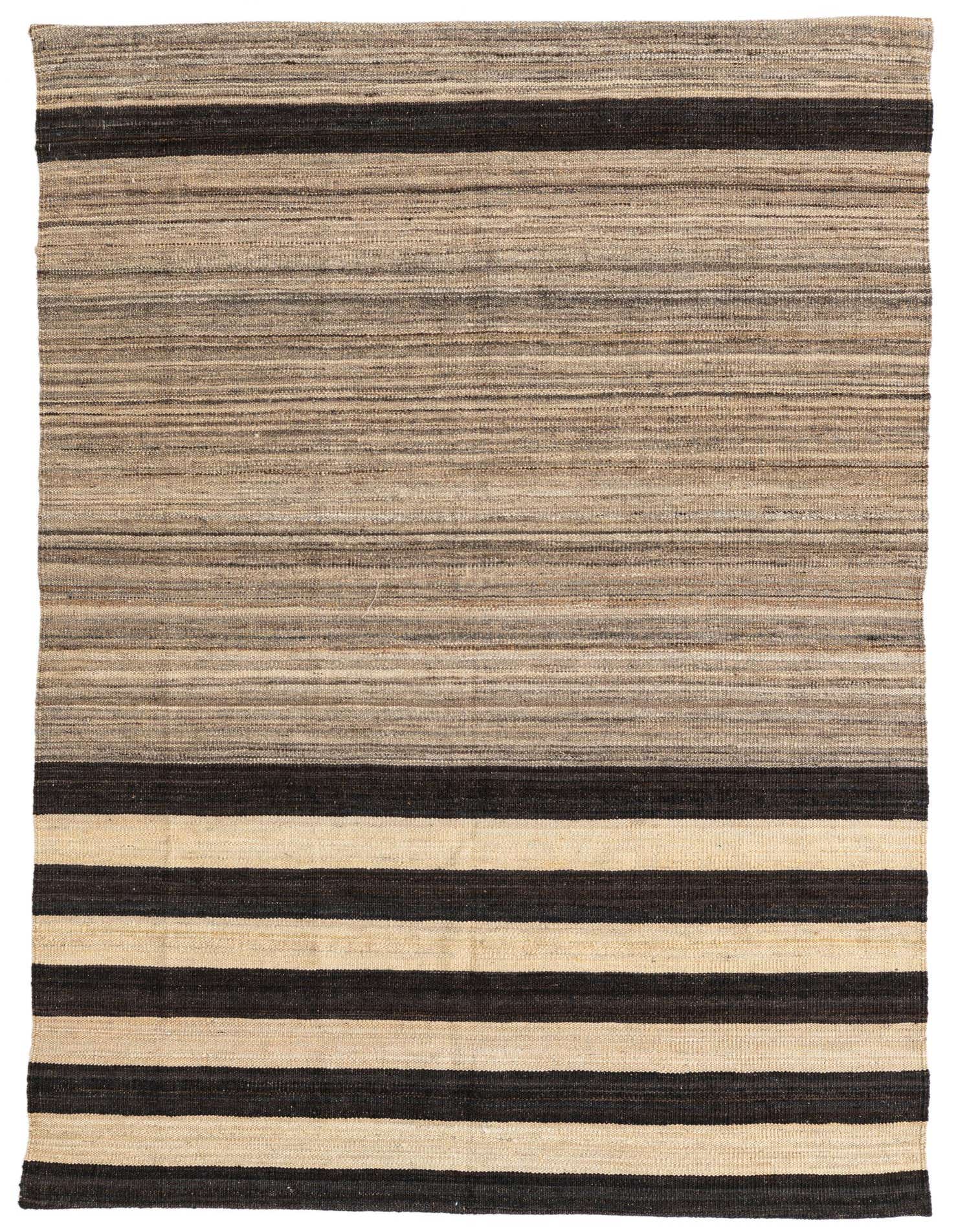 A 4x6 rectangular Kilim Modern rug with horizontal stripes in varying shades of ivory, cream, and dark brown, showcasing a flatweave texture.