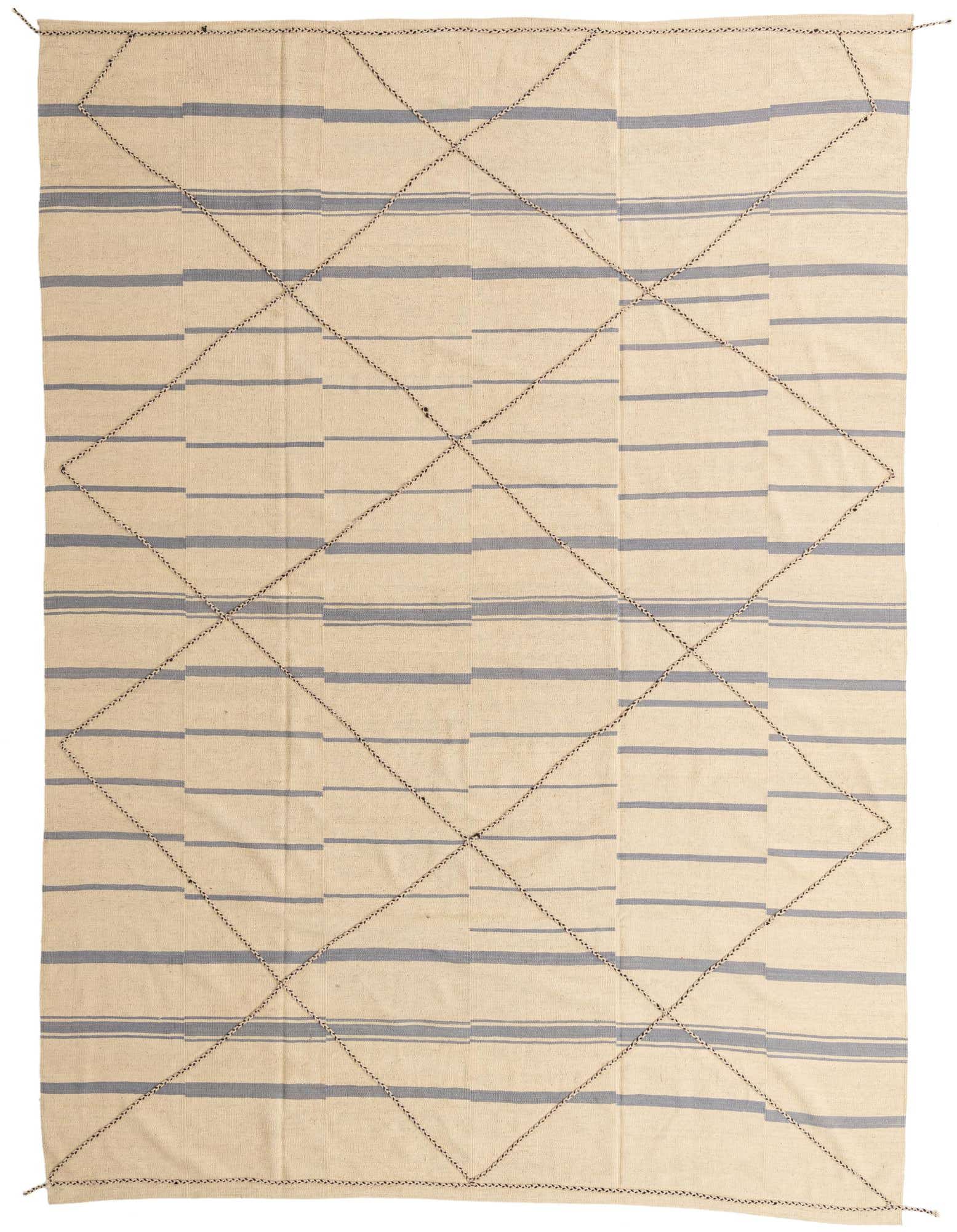 A 9x12 rectangular ivory flatweave wool rug with blue horizontal stripes and a subtle diamond pattern.