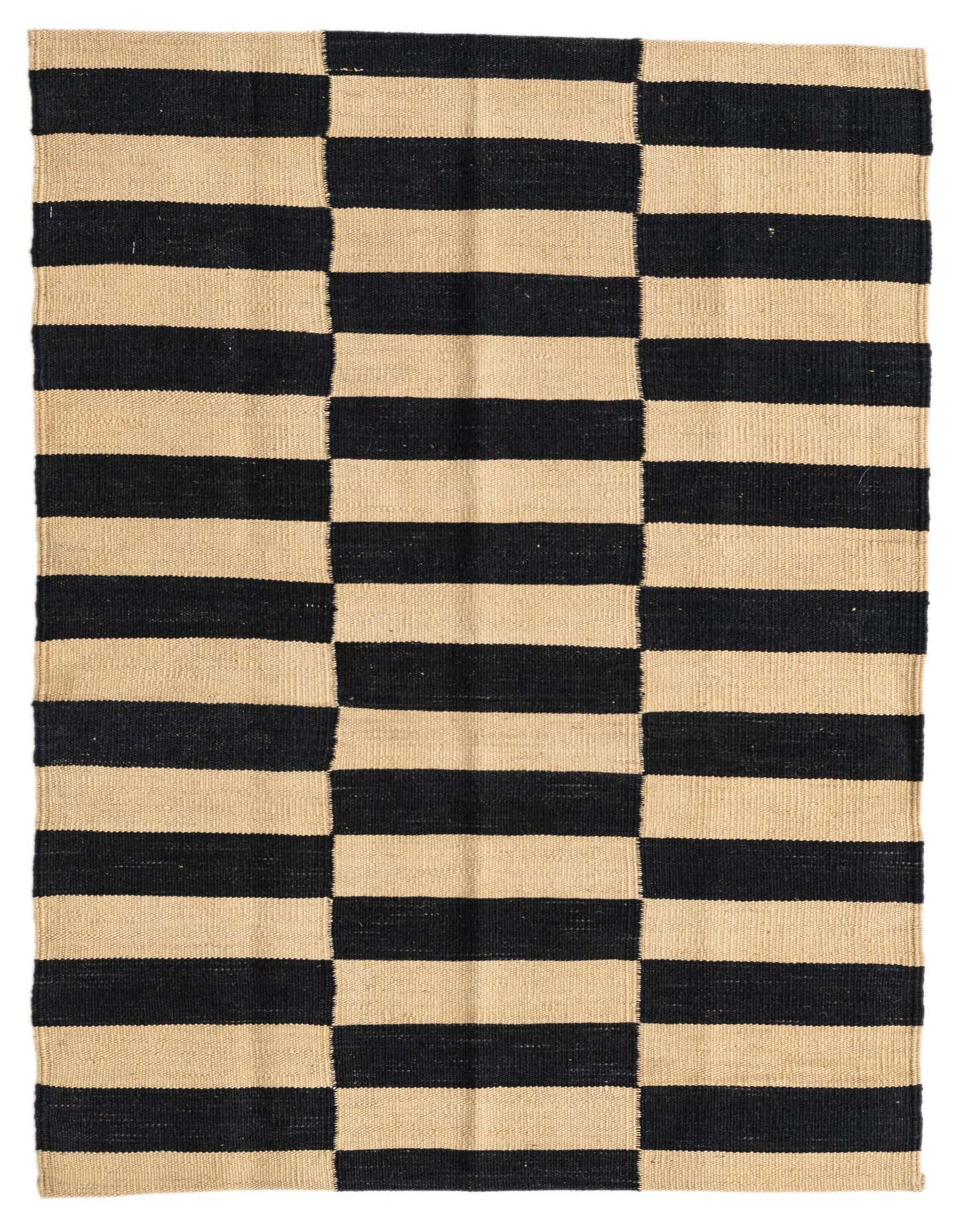 A 3x4 rectangular Kilim Modern rug with a bold black and ivory striped pattern, handmade from 100% wool, perfect for an indoor living space.