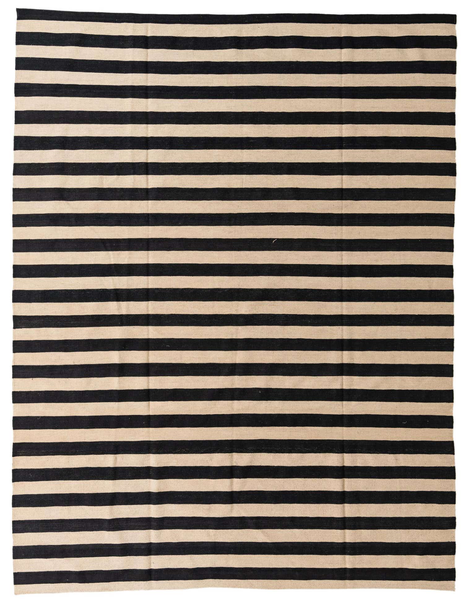 8x11 rectangular Kilim Modern rug with alternating black and ivory horizontal stripes, suitable for a living room.