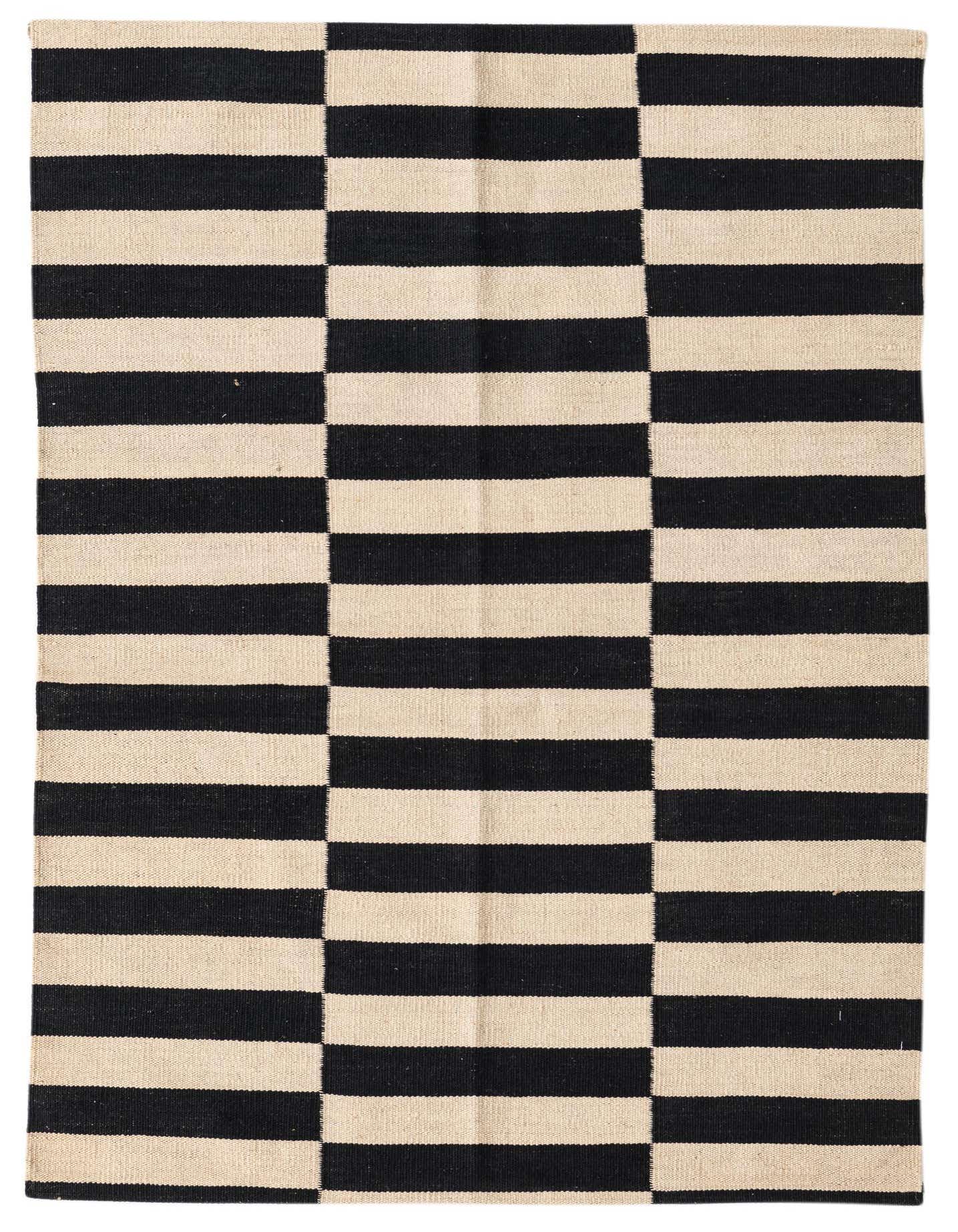 A 3x5 rectangular Kilim Modern rug with alternating horizontal stripes of black and cream, handmade from wool.