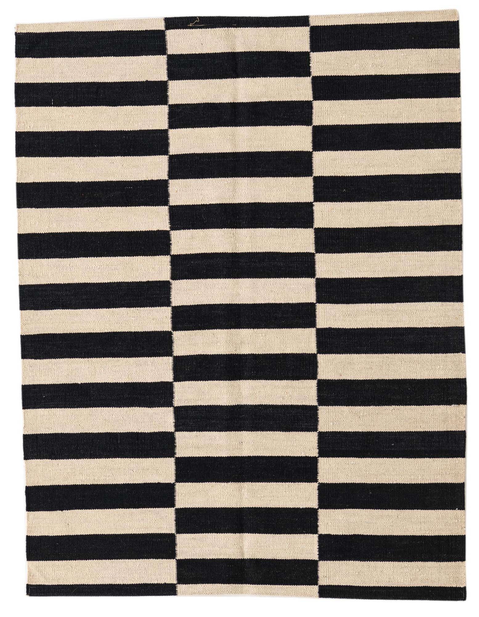 A 3x5 rectangular Kilim Modern rug with a bold black and ivory striped pattern, perfect for a kitchen or entryway.