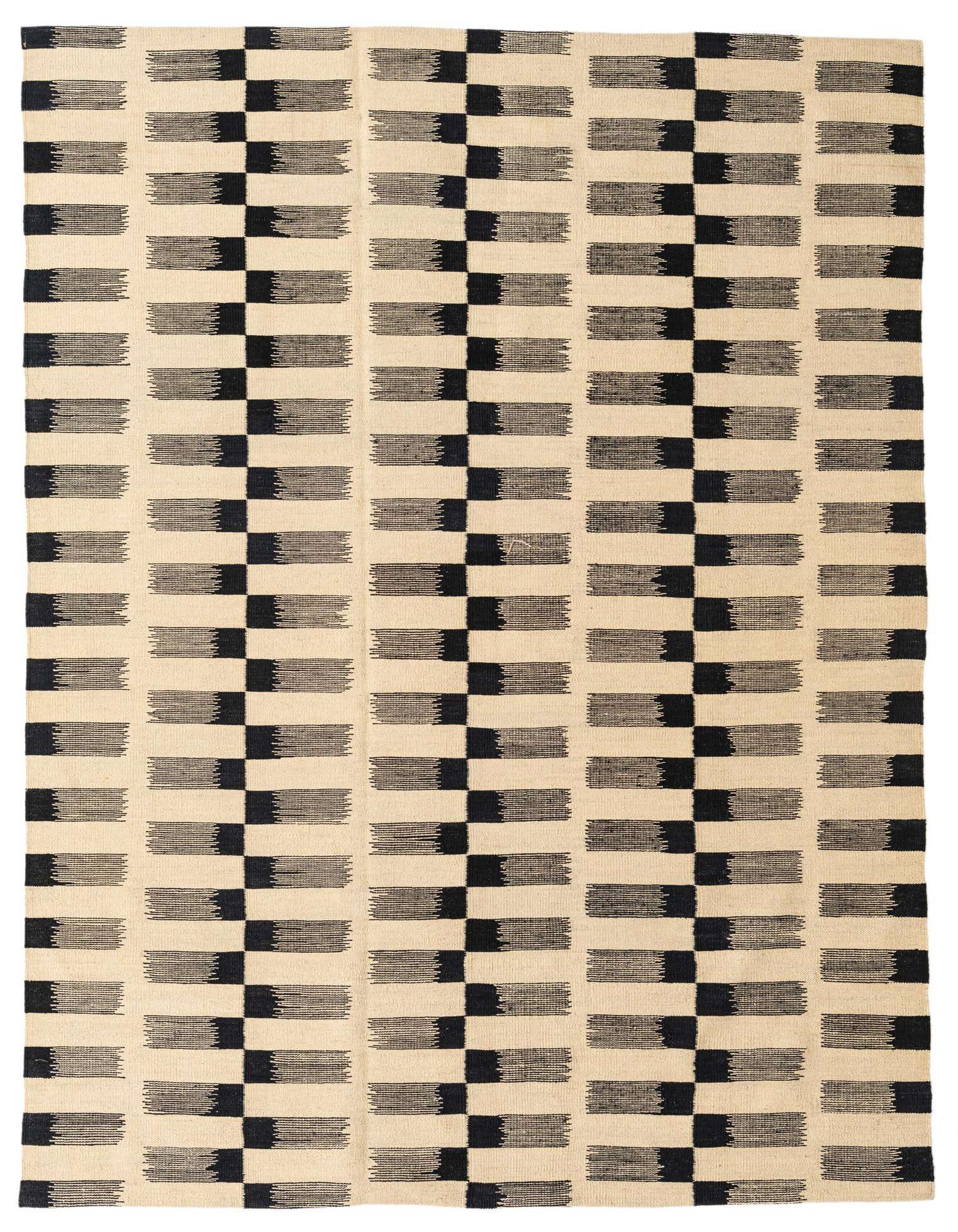 A 5x8 rectangular ivory and black flatweave wool rug with a modern tribal stripe pattern.