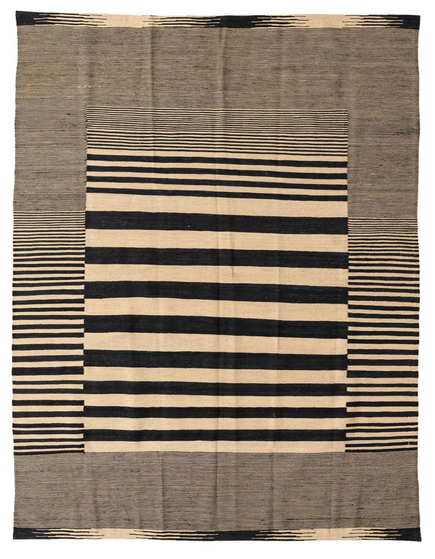 A 5x8 rectangular Kilim Modern rug with a bold black and ivory stripe pattern, featuring a central striped rectangle and a contrasting striped border.