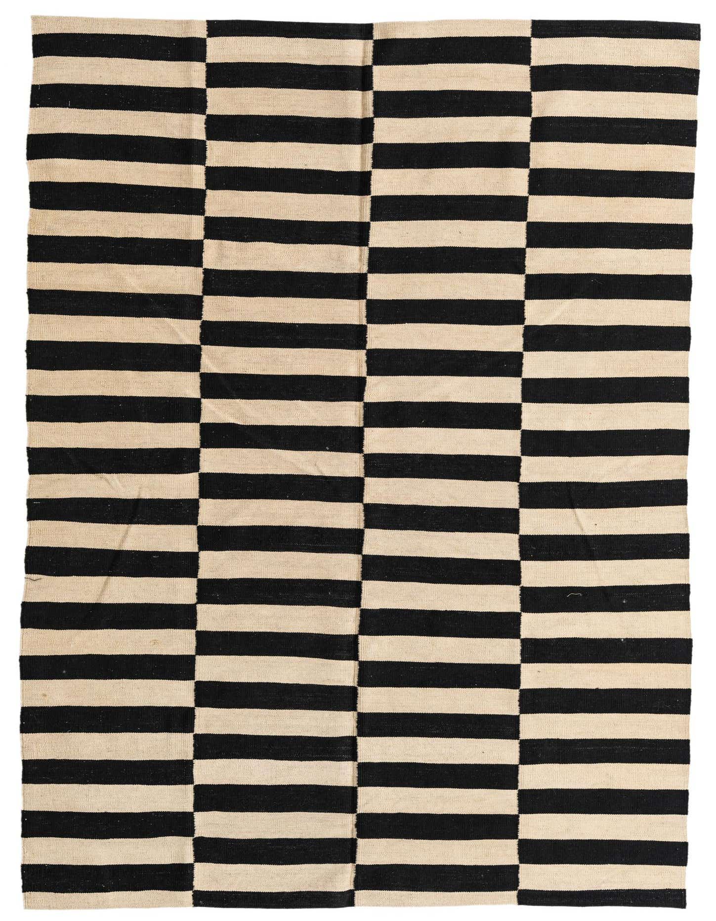 A 5x8 rectangular Kilim Modern rug with bold black and ivory horizontal stripes in a tribal, modern pattern.