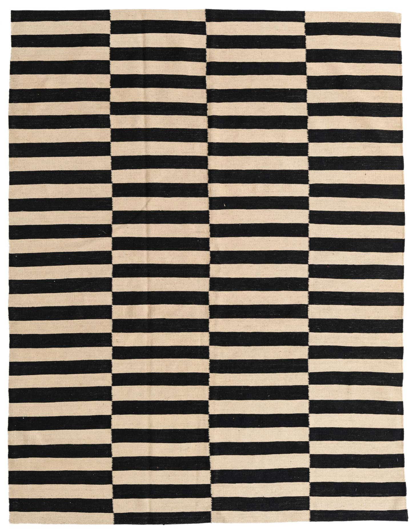 A 5x8 rectangular Kilim Modern wool rug featuring bold black and ivory horizontal stripes in a tribal pattern.